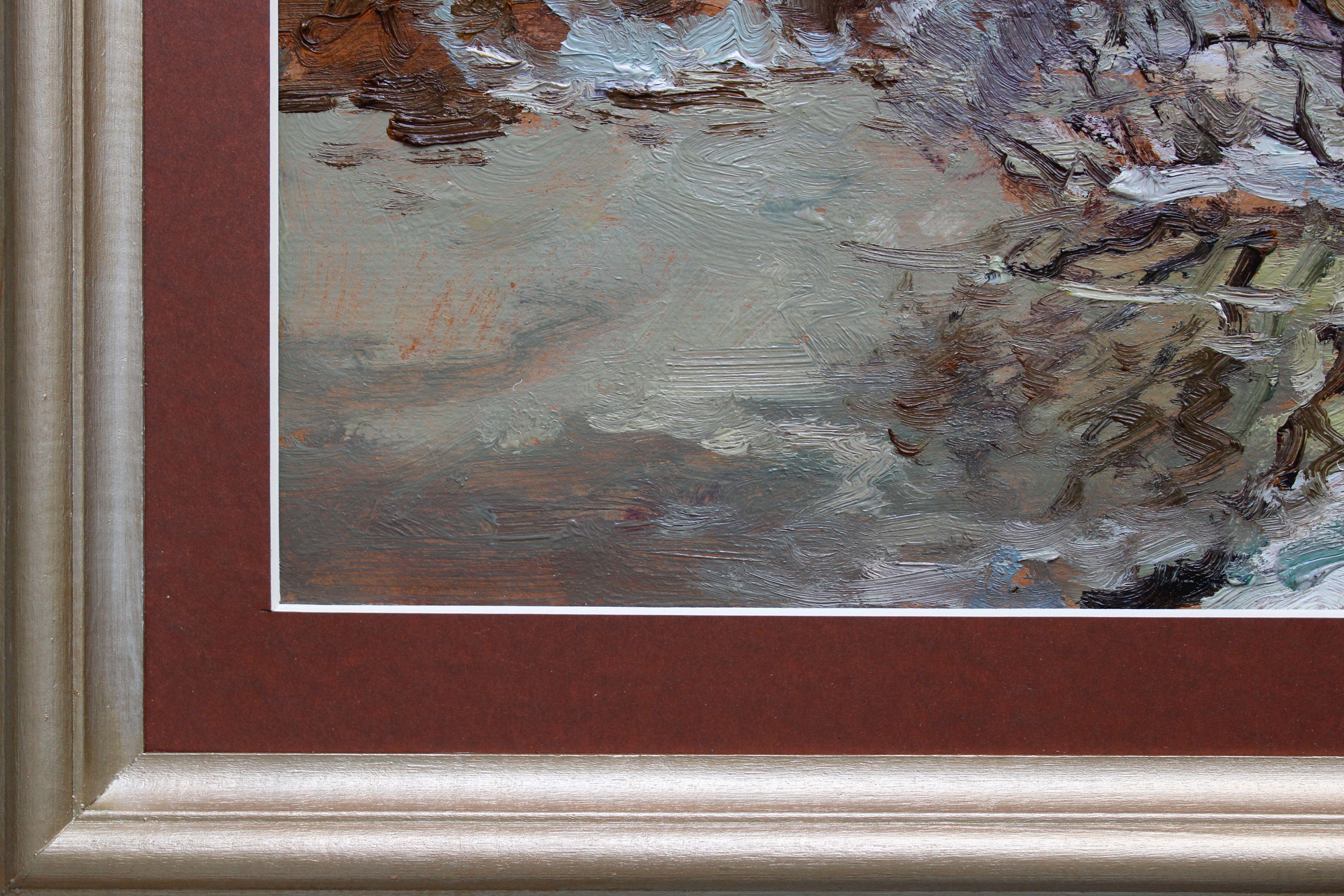 Paysage d'hiver. 1980. Huile sur carton, 24 x 32,5 cm - Gris Landscape Art par Edgars Vinters