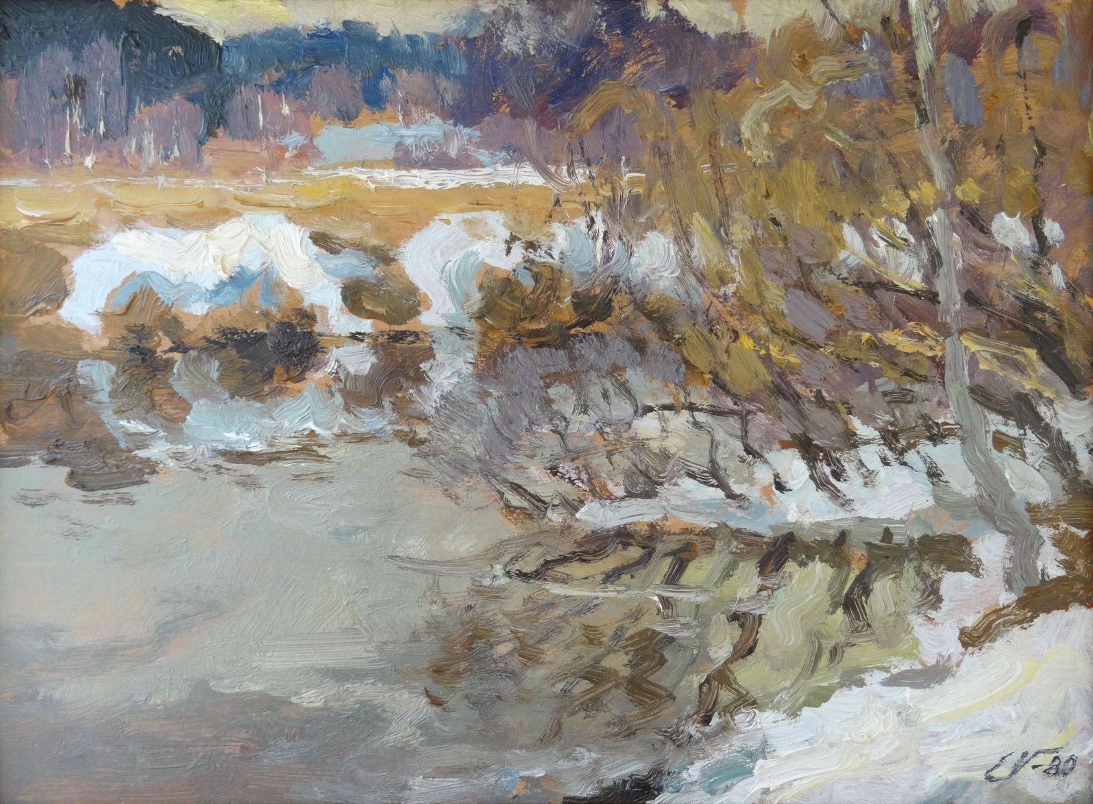 Edgars Vinters Landscape Art - Winter landscape. 1980. Oil on cardboard, 24x32.5 cm