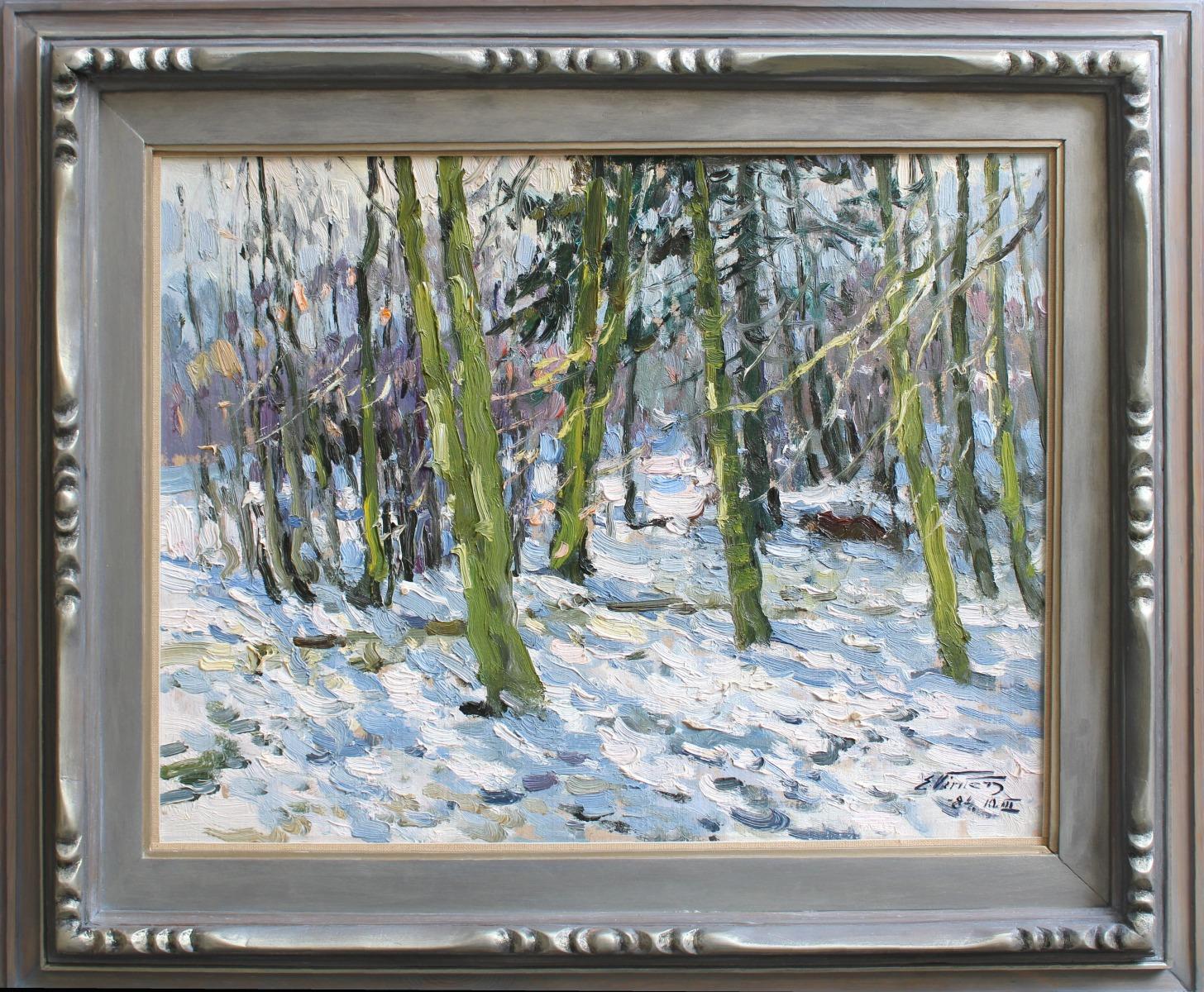 Winter mood  1984, cardboard, oil, 60x47 cm - Impressionist Art by Edgars Vinters