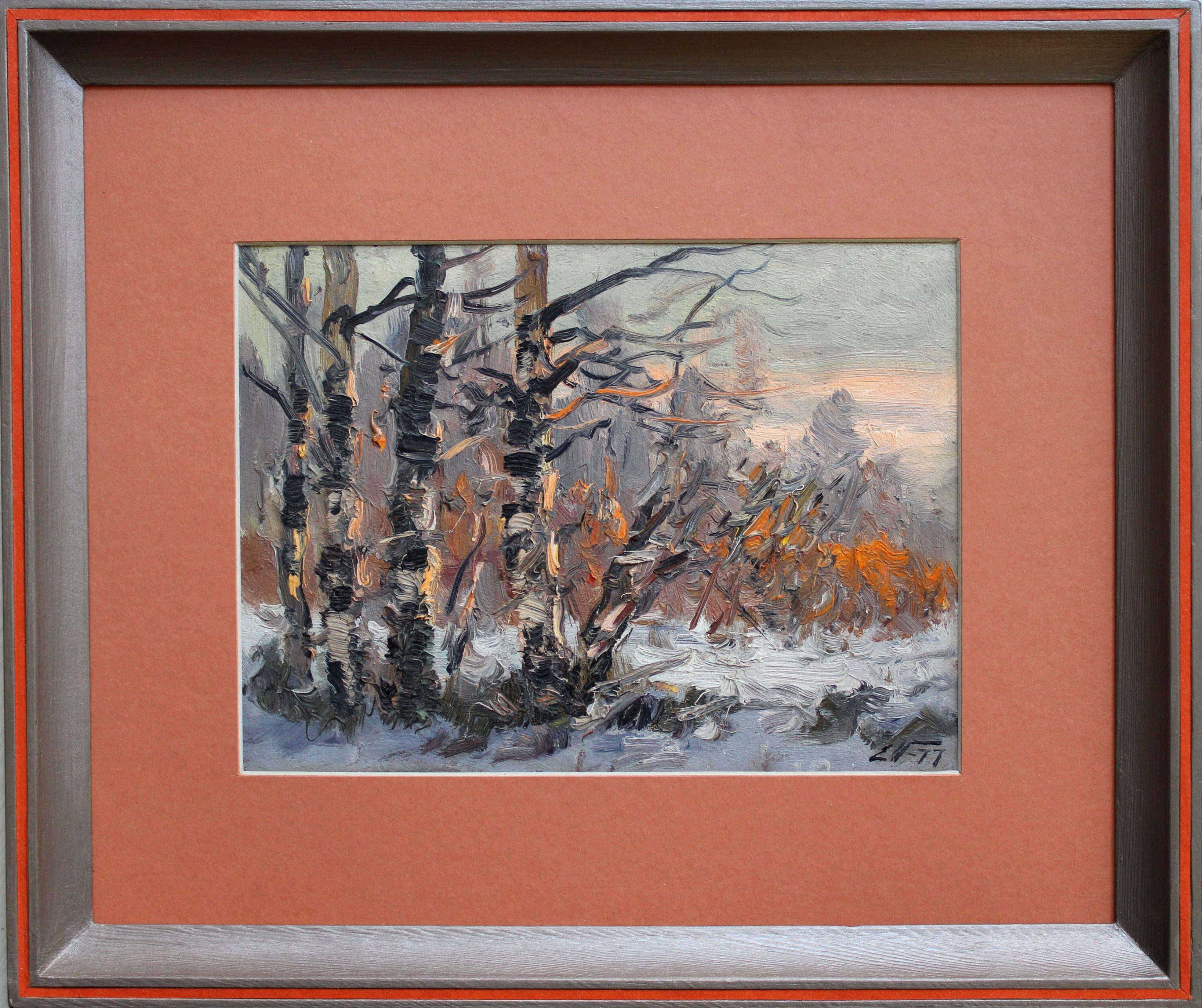 matin d'hiver, 1977. Huile sur carton, 23,5x31,5 cm - Painting de Edgars Vinters
