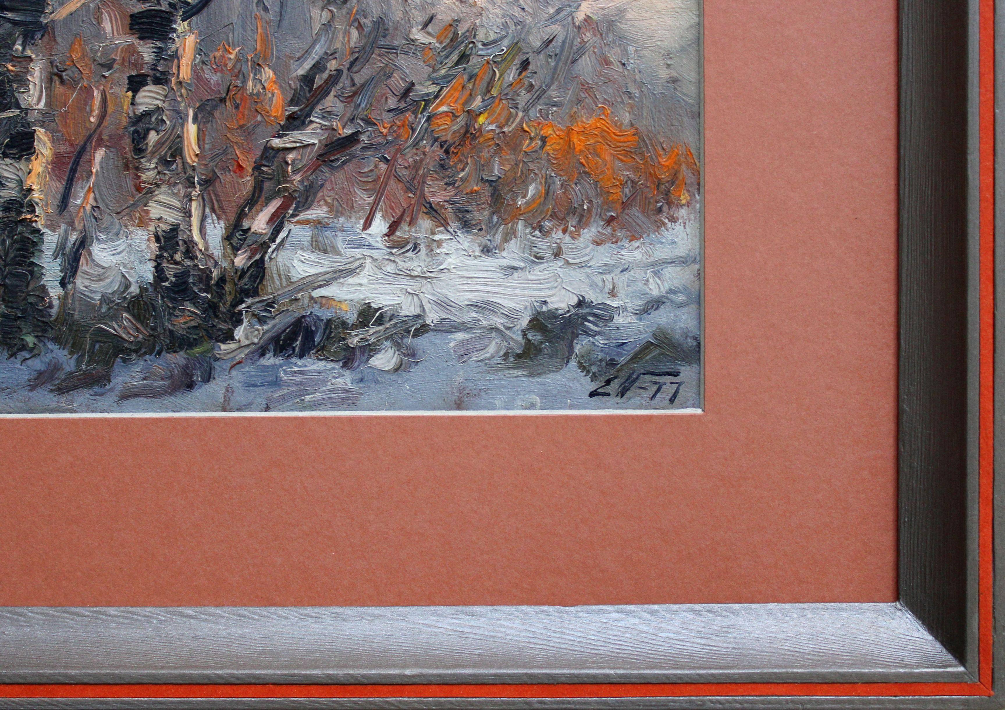 matin d'hiver, 1977. Huile sur carton, 23,5x31,5 cm - Expressionniste Painting par Edgars Vinters