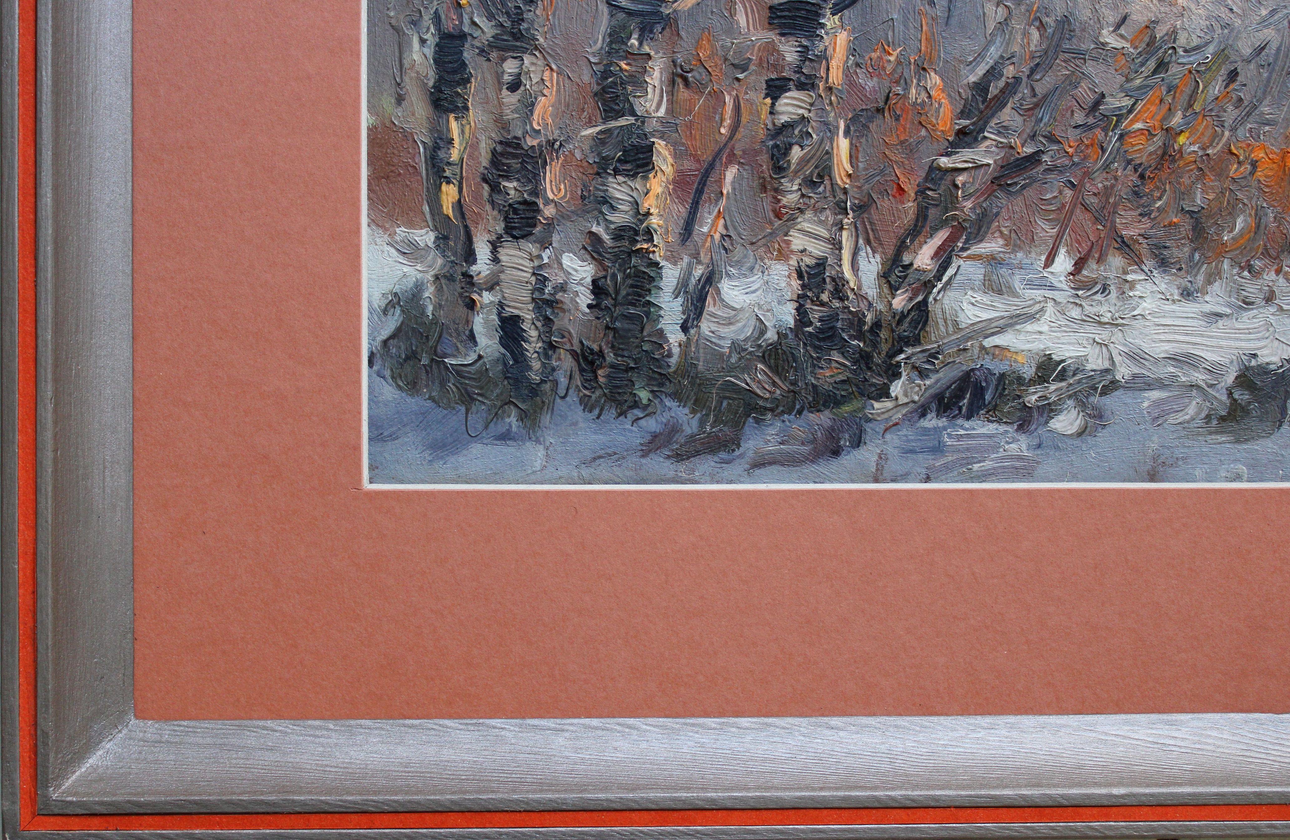 matin d'hiver, 1977. Huile sur carton, 23,5x31,5 cm - Gris Landscape Painting par Edgars Vinters