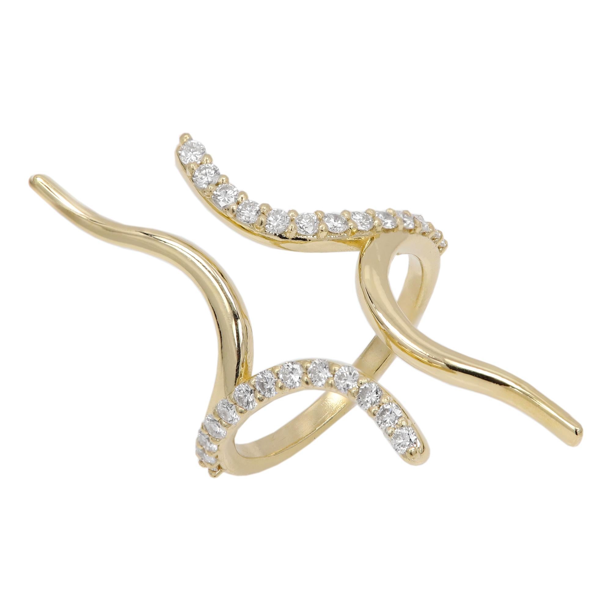 Women's Edge Diamond Ring 14 Karat Yellow Gold Natural Diamonds Gold Wavy Ring For Sale