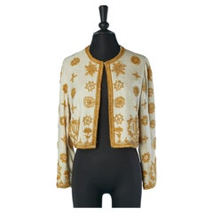 Chaqueta de seda cruda blanca con abalorios Circa 1950