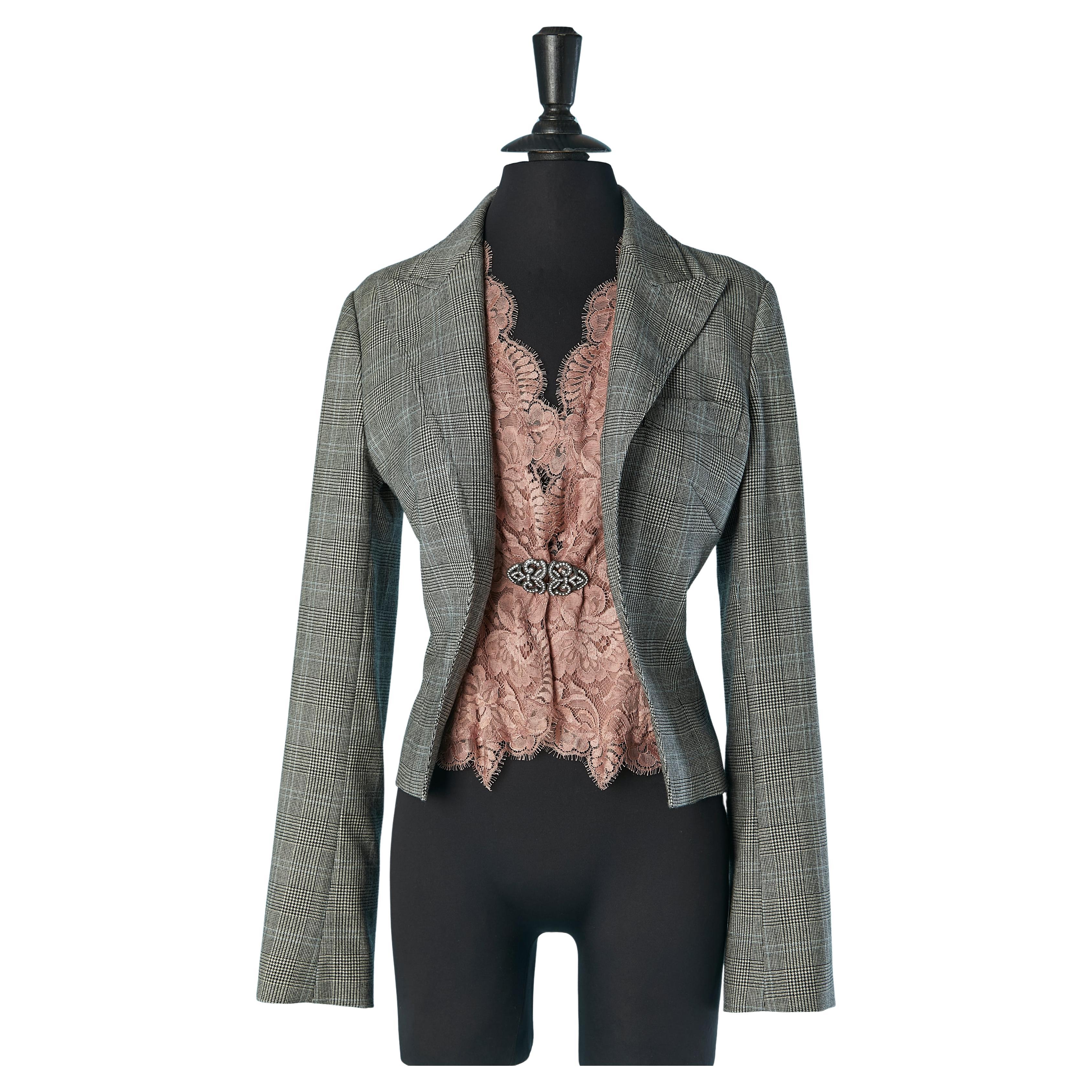 Edge to edge Prince de Galles jacket with pink lace DOLCE & GABBANA For Sale
