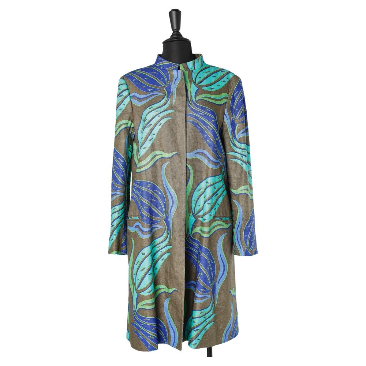 Edge to edge printed cotton coat with snap Versace 