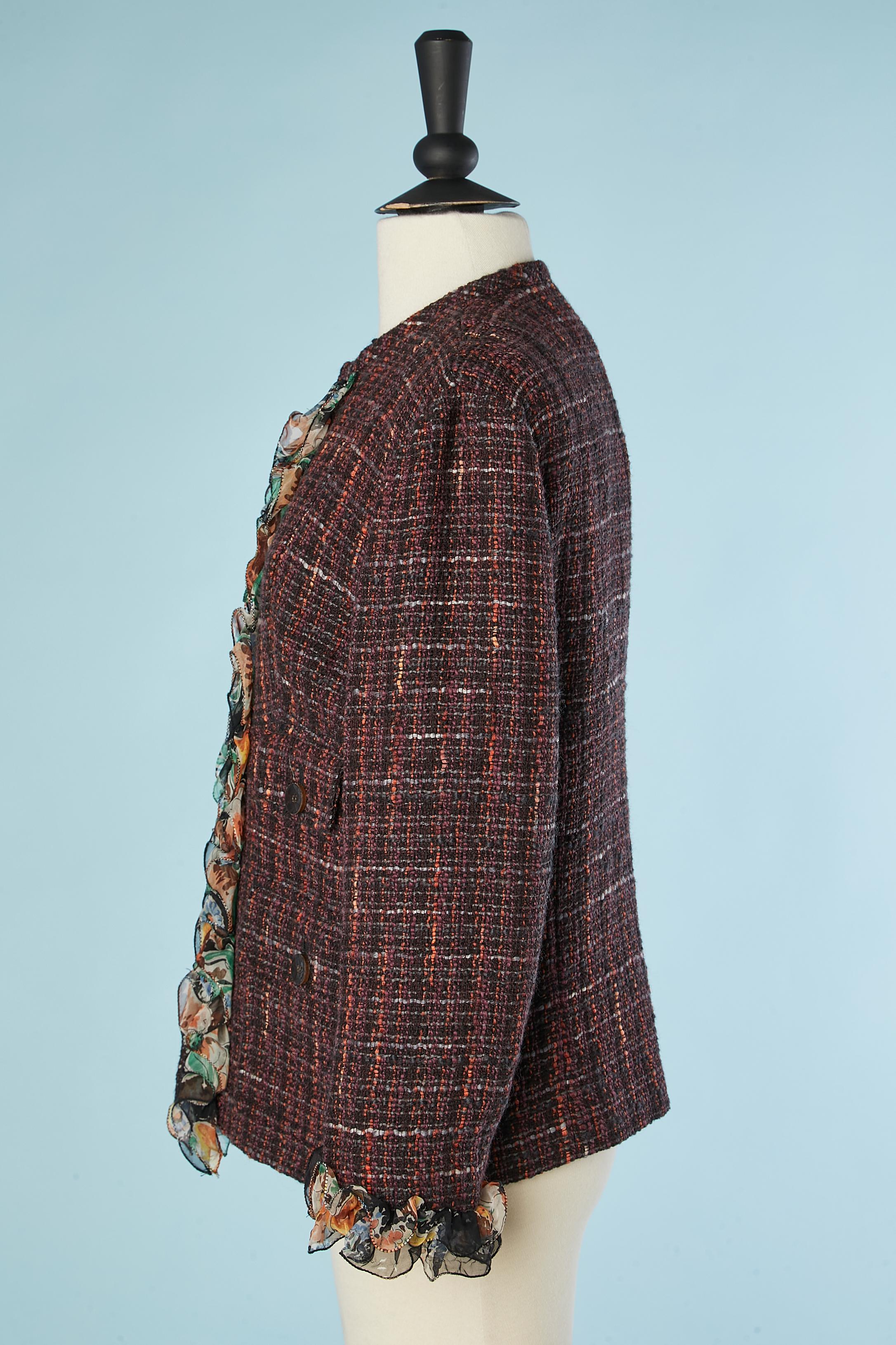 Edge to edge tweed jacket with flower printed chiffon ruffles Dolce & Gabbana  In Excellent Condition For Sale In Saint-Ouen-Sur-Seine, FR