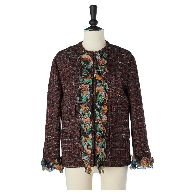 Edge to edge tweed jacket with flower printed chiffon ruffles Dolce  Gabbana