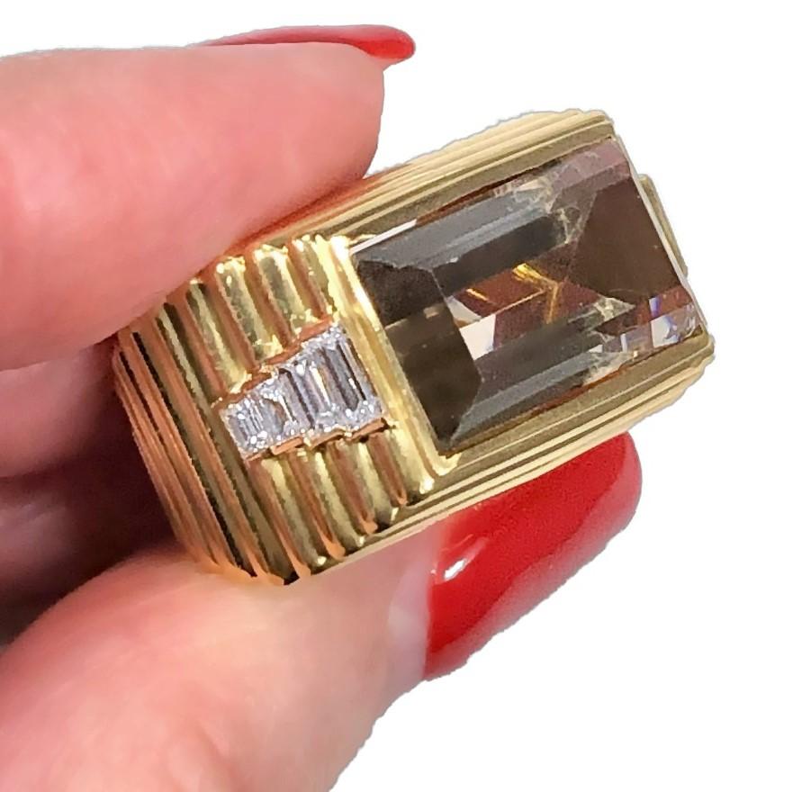 Edgy Modernist Unisex Ring in 18K Yellow Gold with Smoky Quartz and Diamonds 5