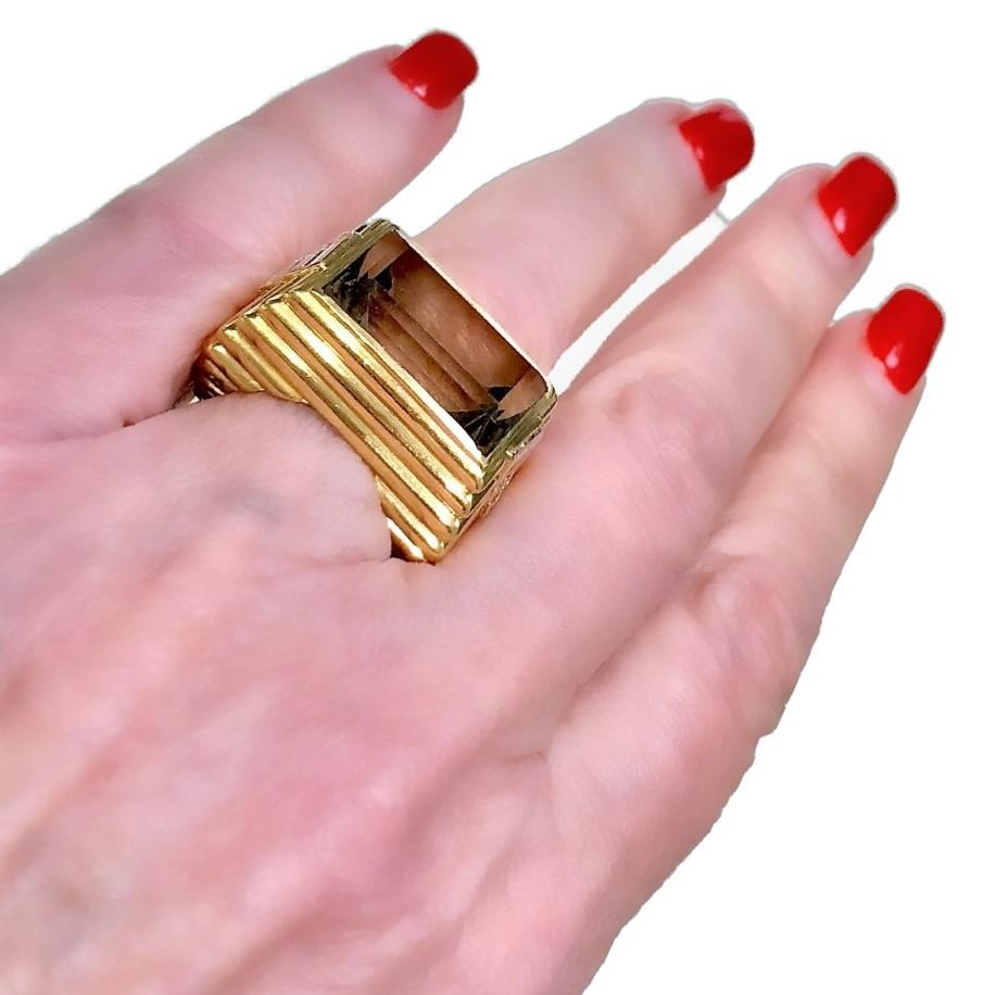 Edgy Modernist Unisex Ring in 18K Yellow Gold with Smoky Quartz and Diamonds 2