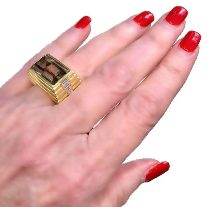 Edgy Modernist Unisex Ring in 18K Yellow Gold with Smoky Quartz and Diamonds 3