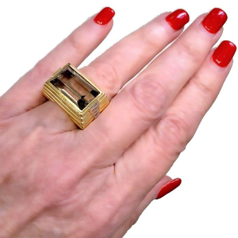 Edgy Modernist Unisex Ring in 18K Yellow Gold with Smoky Quartz and Diamonds 4
