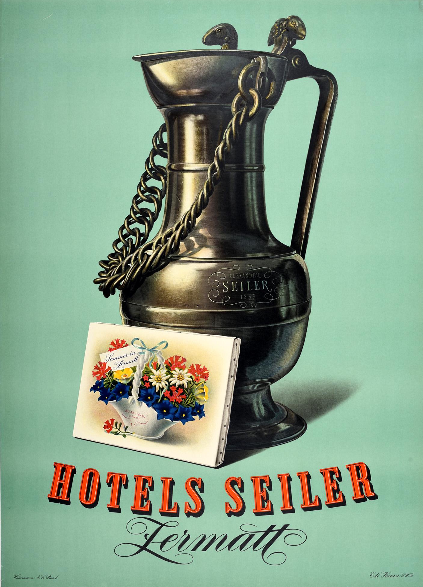 Edi Hauri Print – Vintage-Poster "Hotels Seiler Zermatt", Schweiz, Alpen, Sommerblumen, Vintage