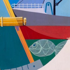 Scottish, oil on board, abstract colourful harbour scene, 1973 by Edi Swan
