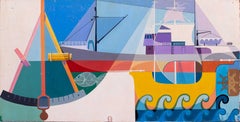 Scozzese, olio su tavola, scena astratta di porto colorato, 1973 di Edi Swan