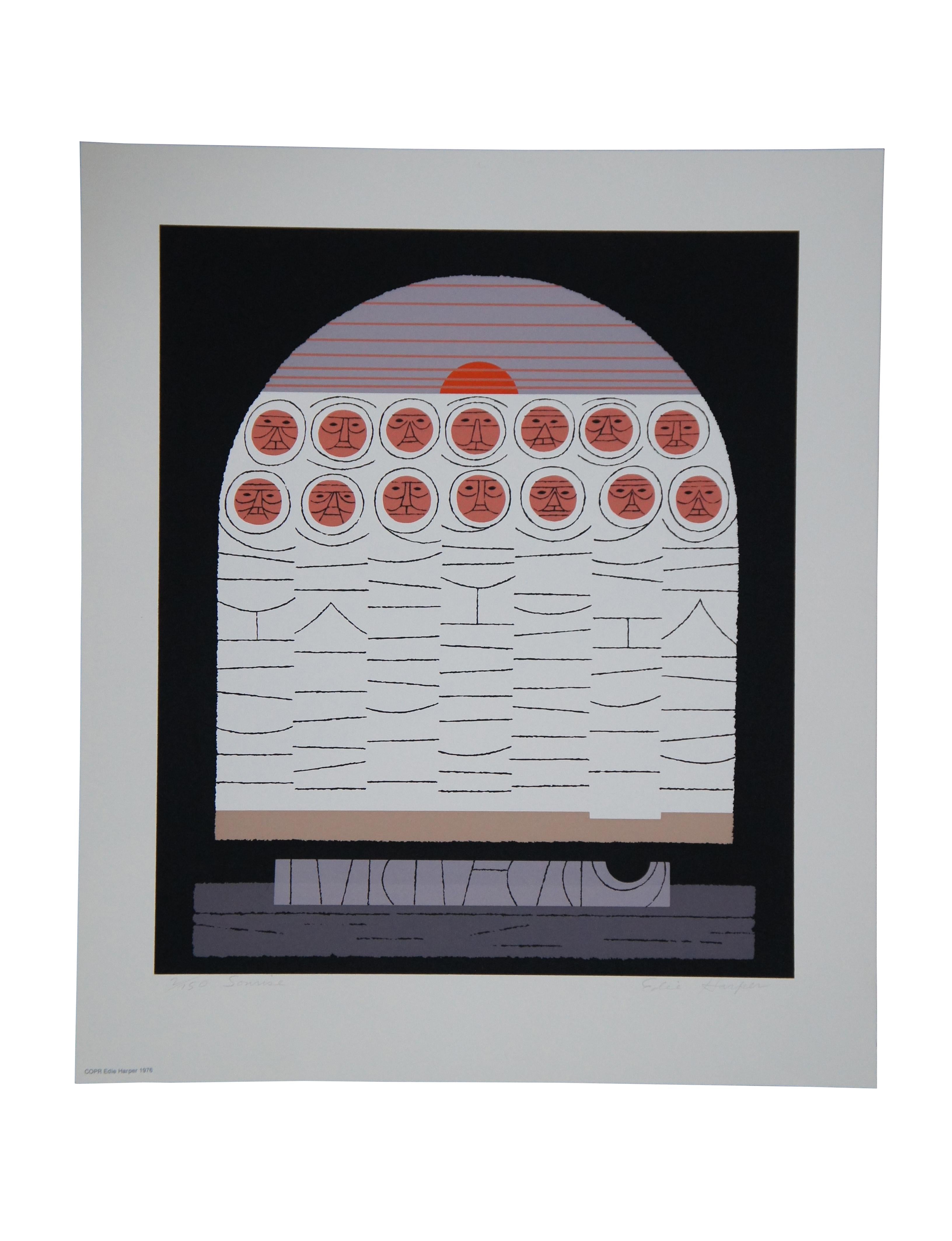 Vintage 1976 Frame House Gallery Limited Edition Collector Print of Sonrise by Edie Harper,  showing the Biblical scene of a group of figures observing the empty tomb of Jesus as the sun rises behind them. Serigraph on paper. Pencil signed and