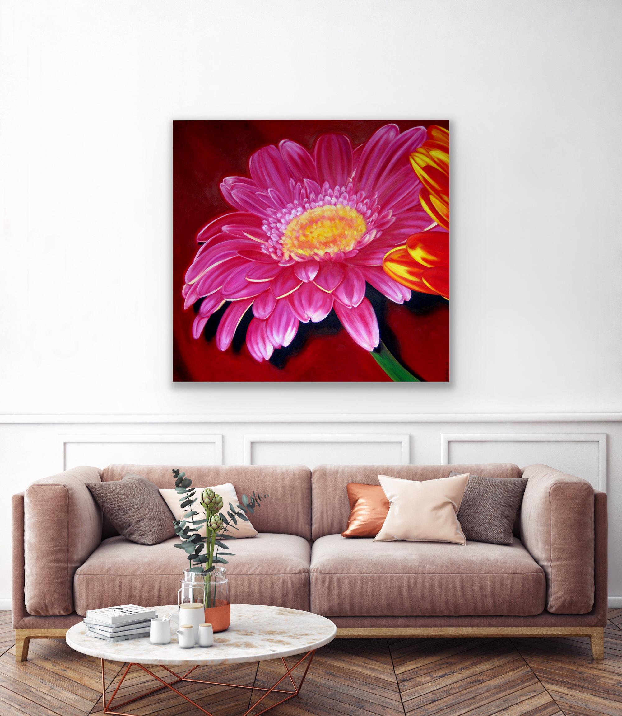 Edie Nadelhaft “Big city” Oil on canvas, 46 × 48 inches. Offered unframed.

Edie Nadelhaft's bold, large-scale, colorful monolithic oil paintings of bodega flowers were born from her early impressions of the gritty visual landscape that greeted her