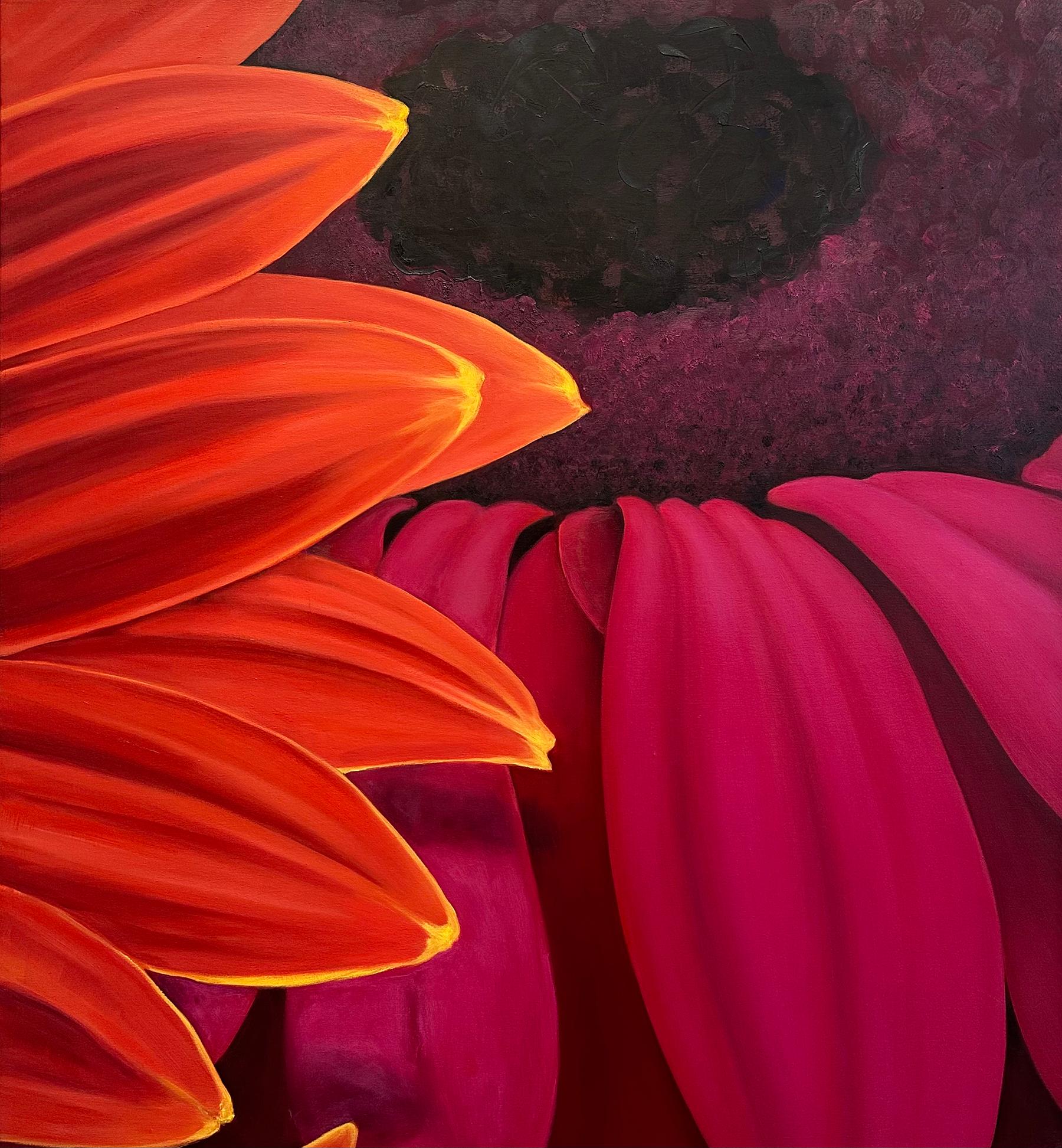Abstract Painting di Edie Nadelhaft - "Equal" Pittura ad olio con petali floreali di grandi dimensioni in arancione, viola e rosa