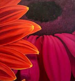 „Equal“ Großes Ölgemälde mit Blumenblatt in Hell Orange, Lila und Rosa in großformatigem Maßstab