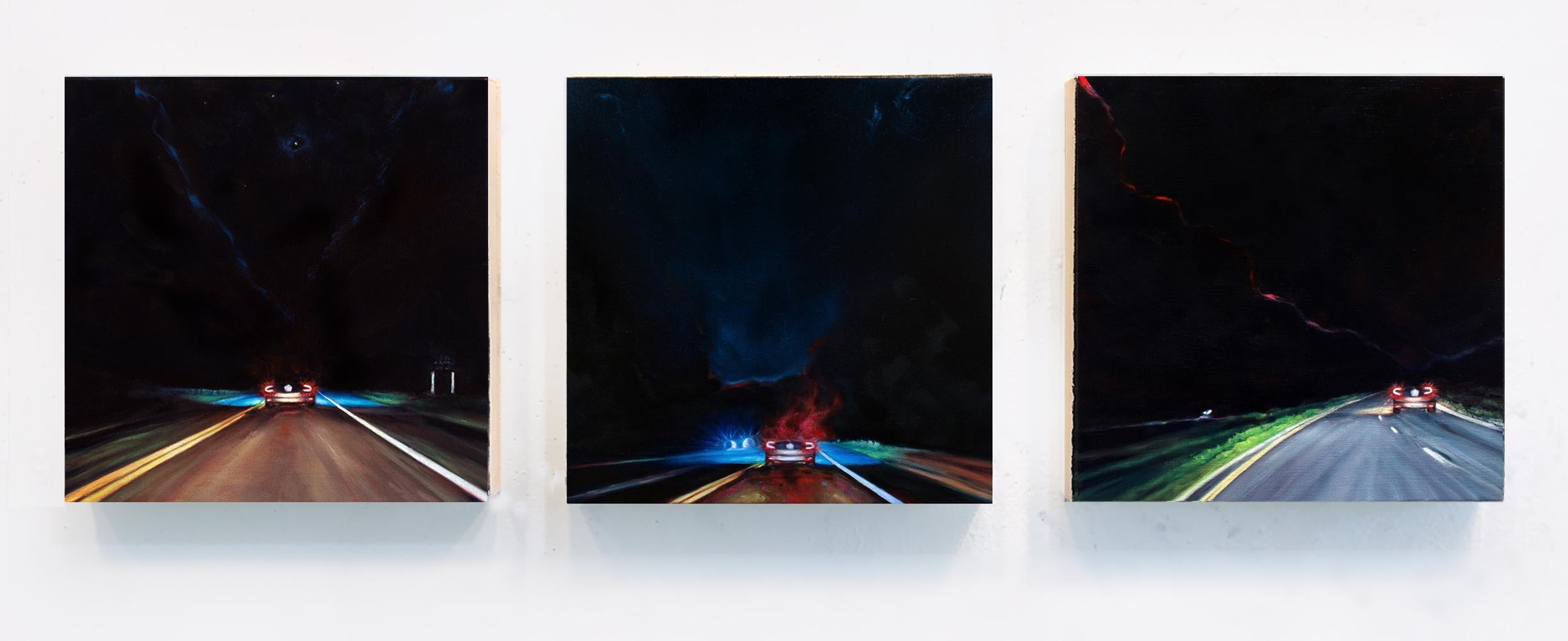 "Night Tripper" Triptych - Set of 3 night driving road landscape paintings by Edie Nadelhaft - Oil on canvas. 

Painting size: 12" x 12" inches (each) 
Installation approx 12" tall x 38" wide. 

Edie Nadelhaft
s paintings focus on the visual nuances