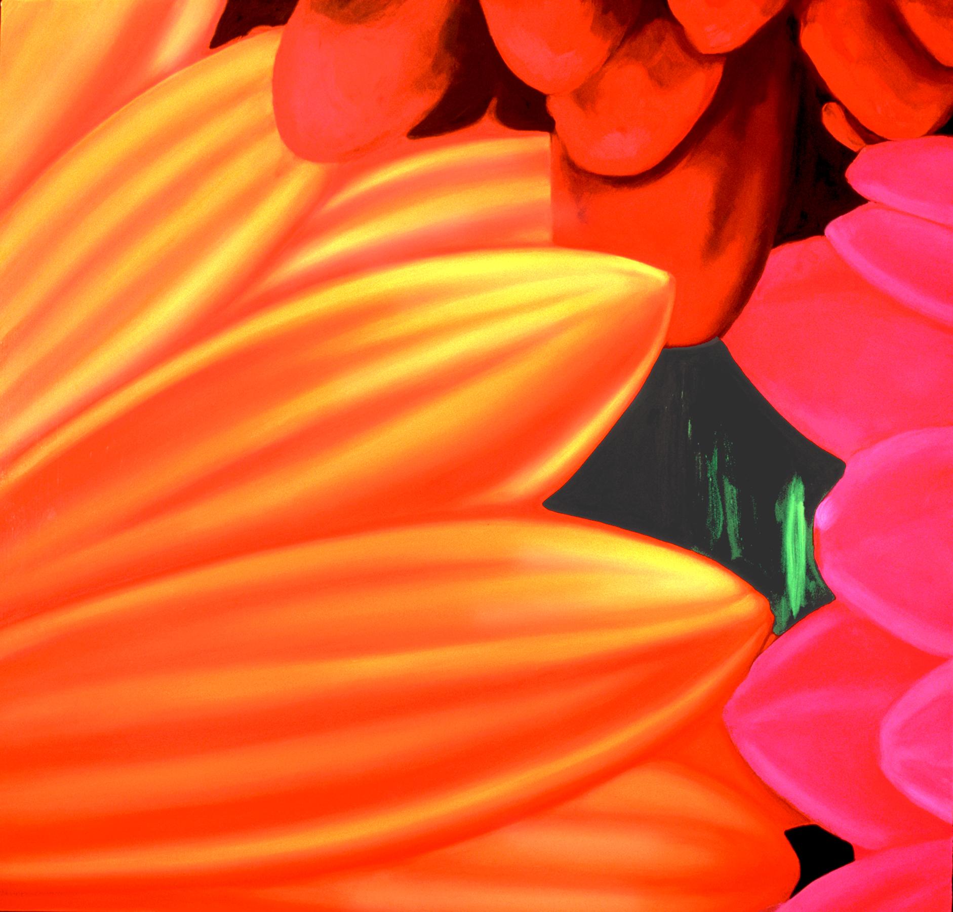 Abstract Painting di Edie Nadelhaft - "Shift Focus" Pittura ad olio floreale di grandi dimensioni dai colori vivaci, arancione e rosa