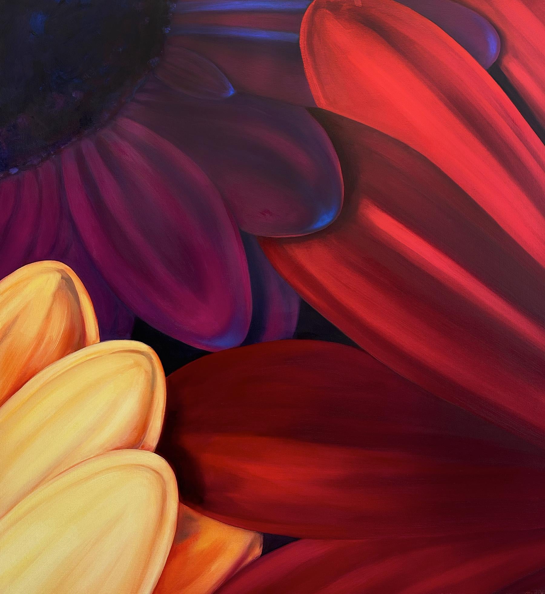 Abstract Painting di Edie Nadelhaft - "Tre" Pittura a olio con petali floreali di grandi dimensioni in giallo, rosso e viola