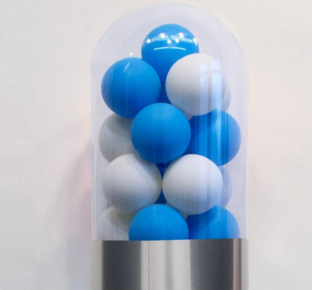 Fancy! WTF (His) - Blue & White Glass Pill Sculpture For Sale 1