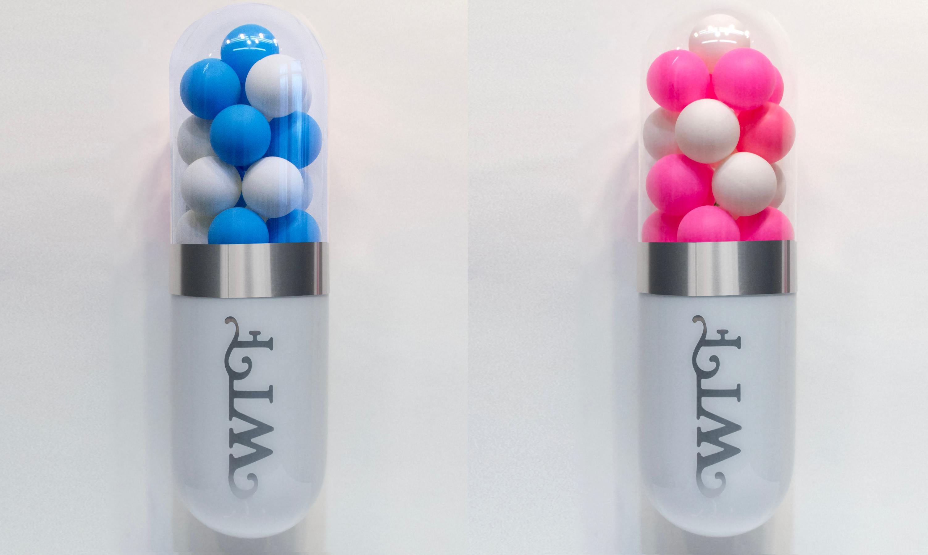 Fancy! WTF (His) - Blue & White Glass Pill Sculpture For Sale 3
