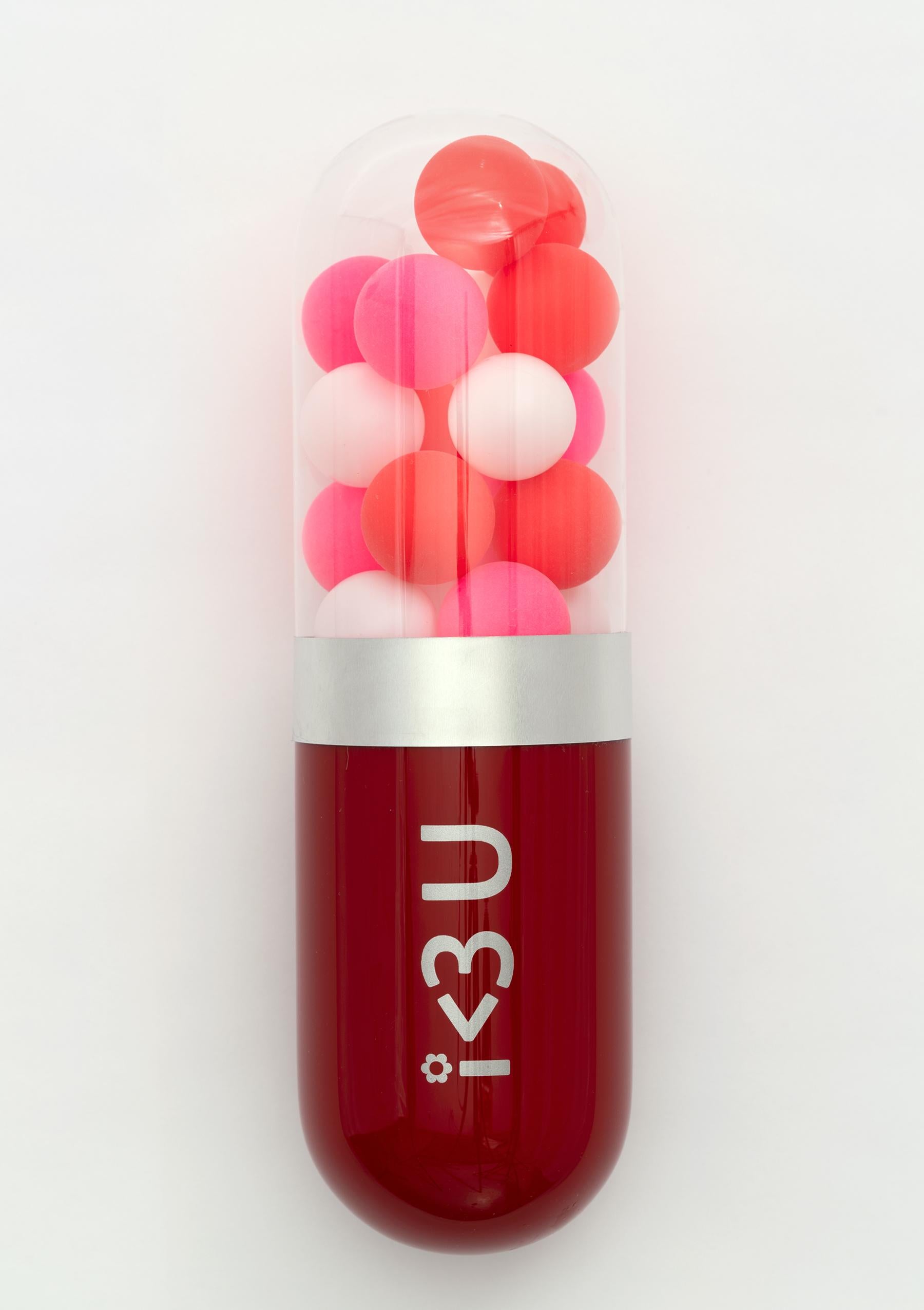 Edie Nadelhaft Still-Life Sculpture - I Love You - Red glass pill sculpture