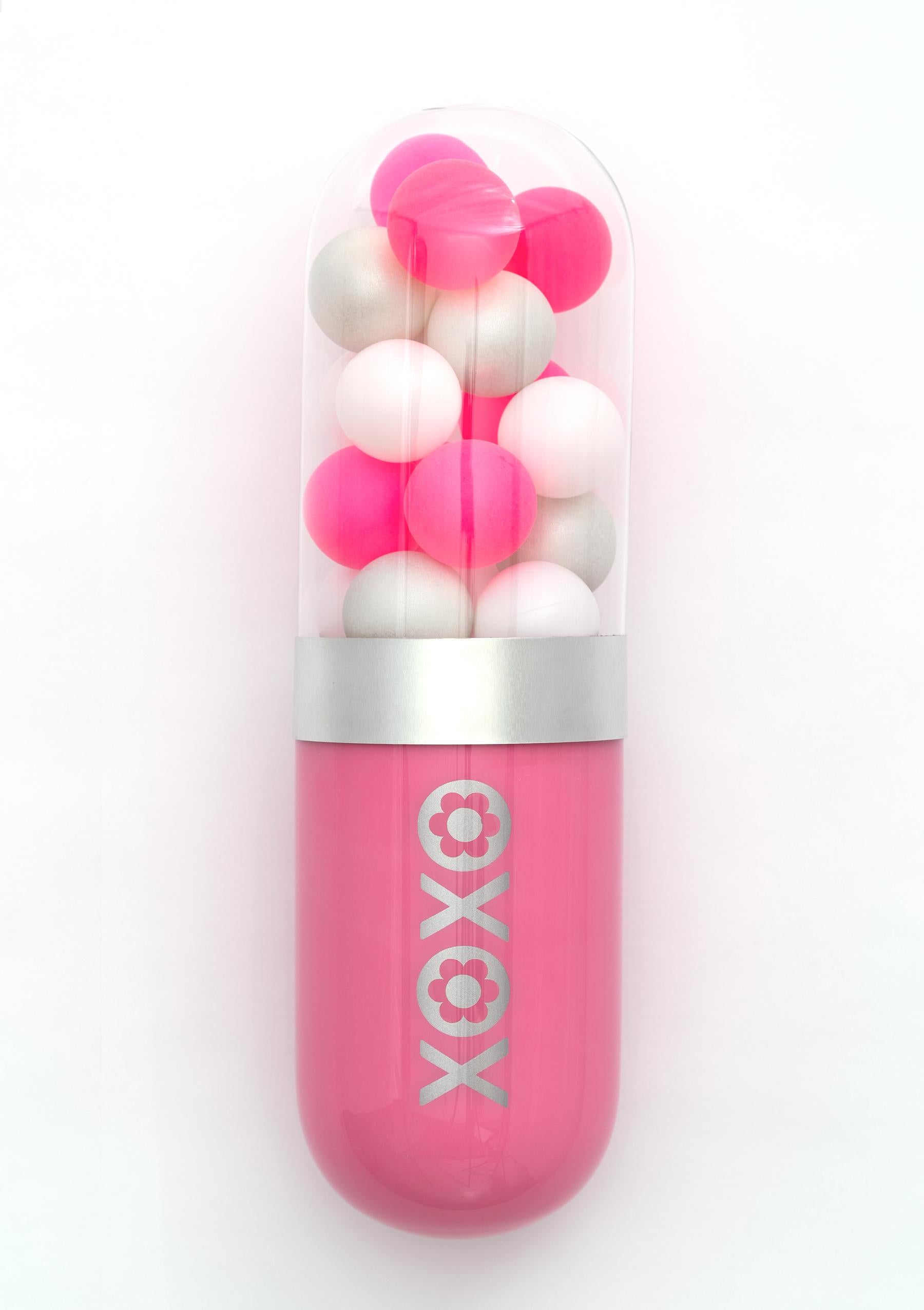 Edie Nadelhaft Still-Life Sculpture - "XOXO" (Hugs & Kisses) pink glass pill sculpture