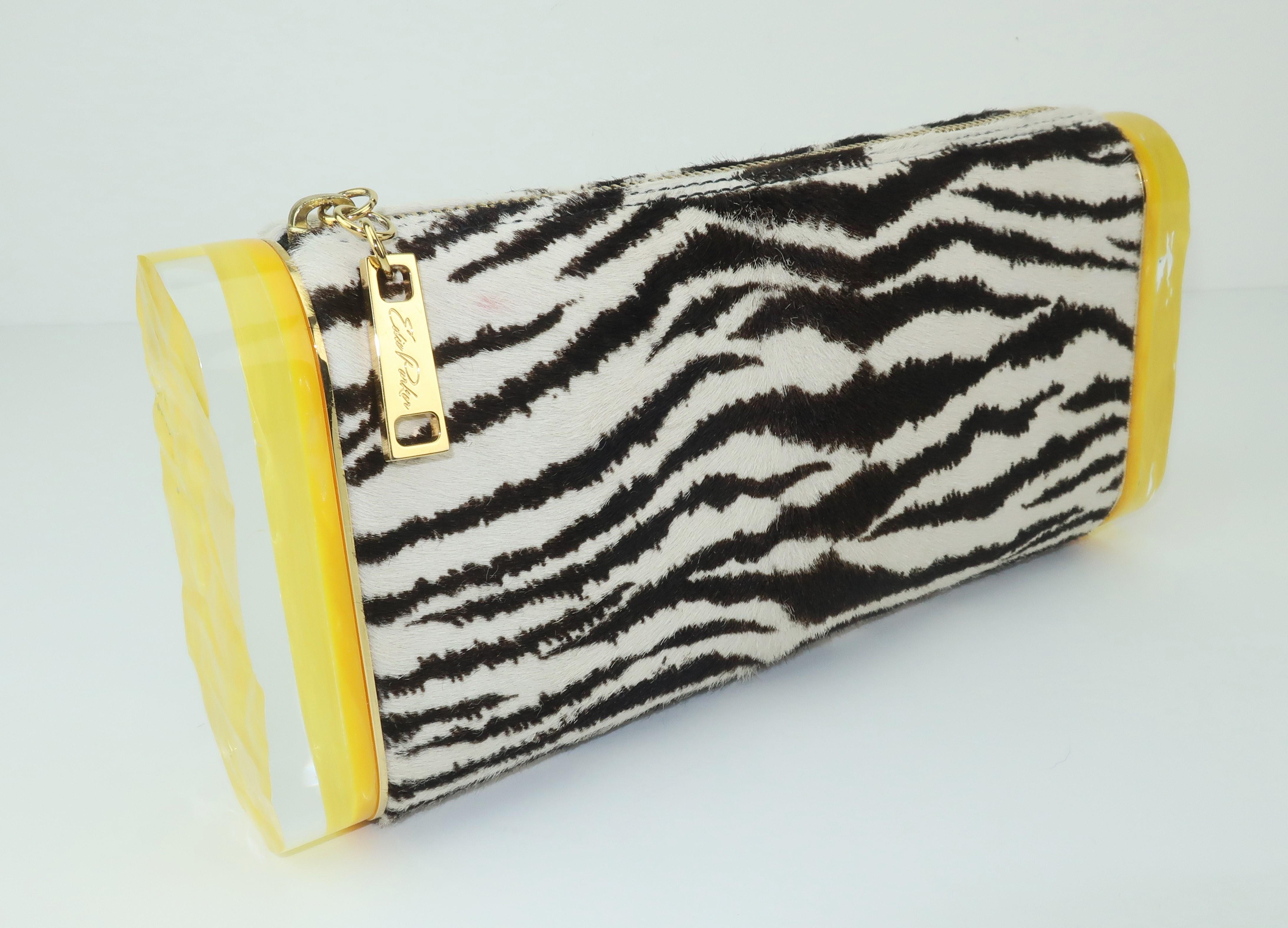 Edie Parker Zebra Print Calf Hair Clutch Handbag With Acrylic Details 6