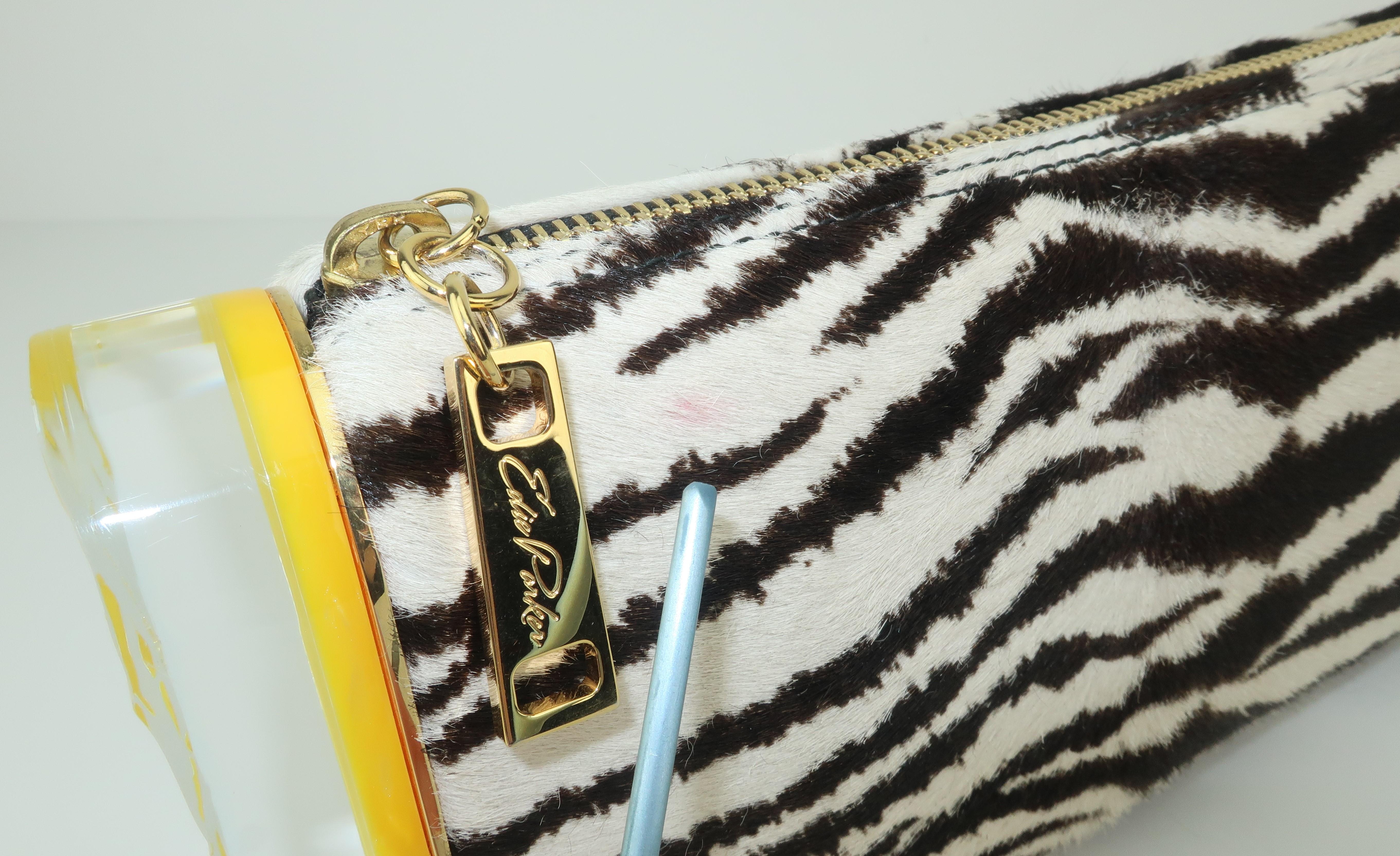 Edie Parker Zebra Print Calf Hair Clutch Handbag With Acrylic Details 7