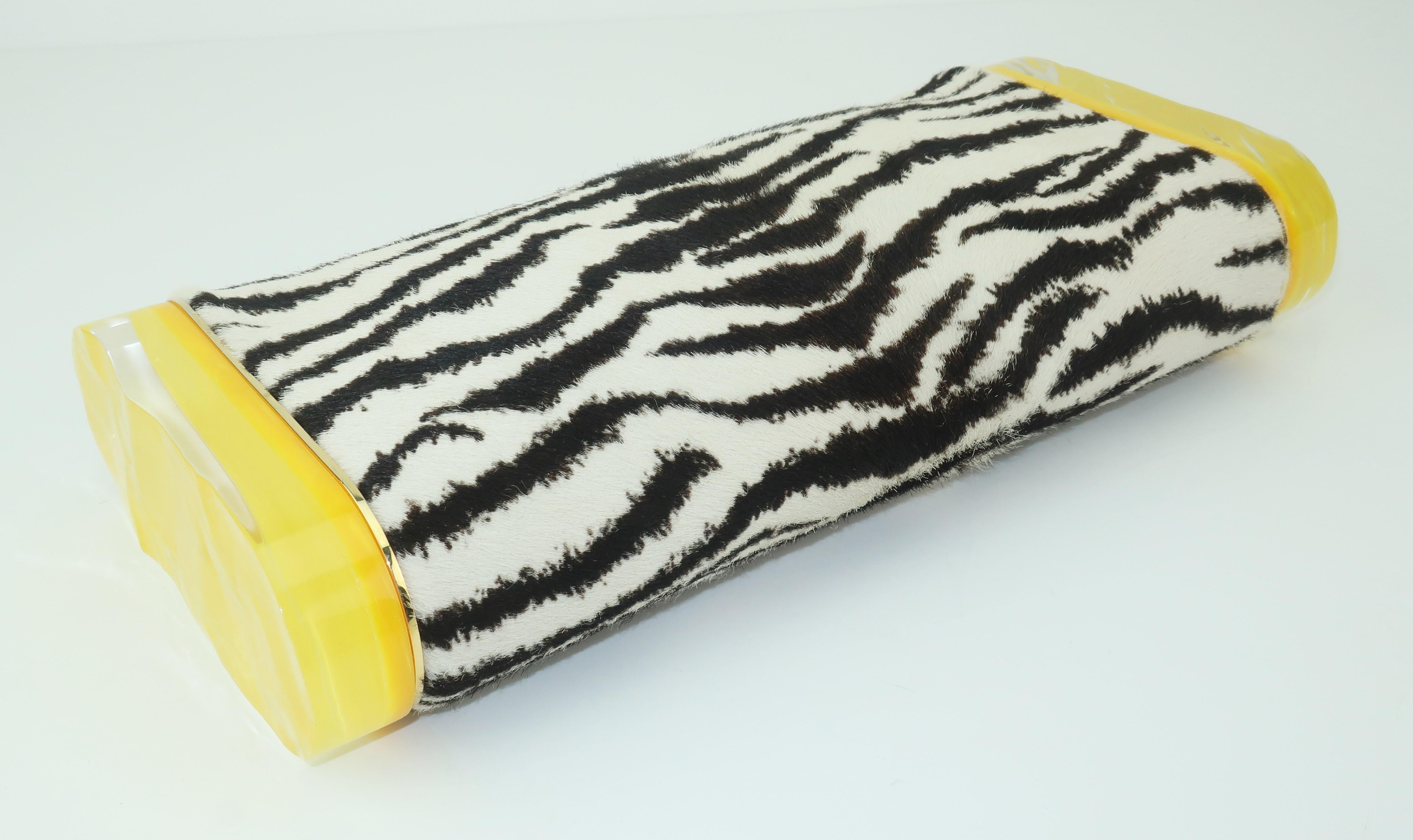 Beige Edie Parker Zebra Print Calf Hair Clutch Handbag With Acrylic Details