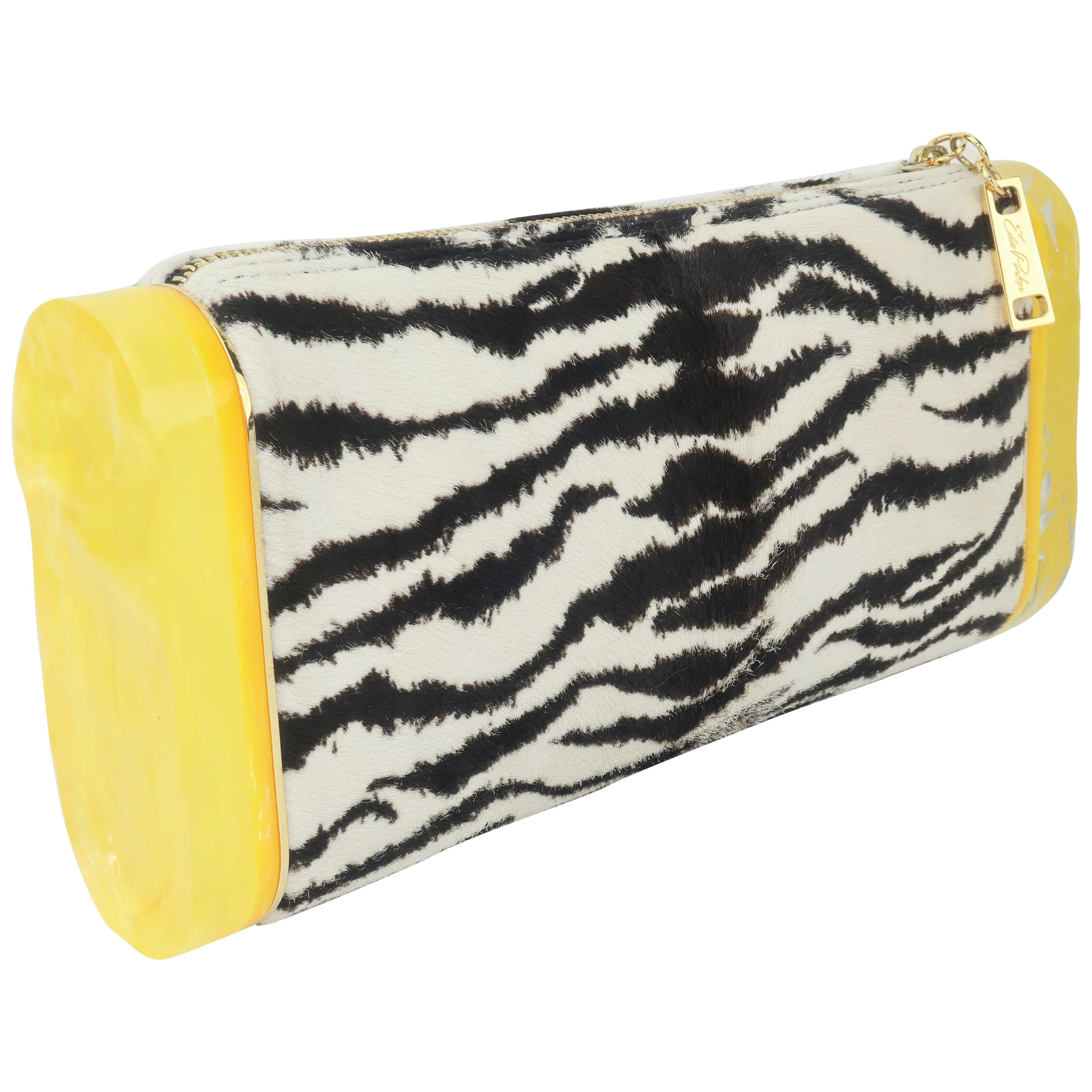 Edie Parker Zebra Print Calf Hair Clutch Handbag With Acrylic Details