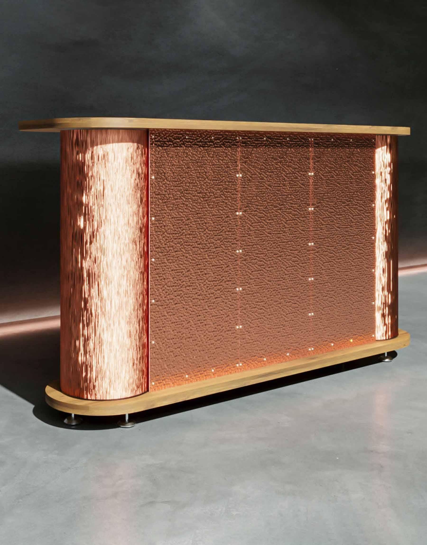 Discover our hand-hammered and hand-brushed genuine copper reception desk, complete with steel frame, entirely hand-crafted. This prestigious piece will add unforgettable charm to your business or workspace.

This unique copper counters has been