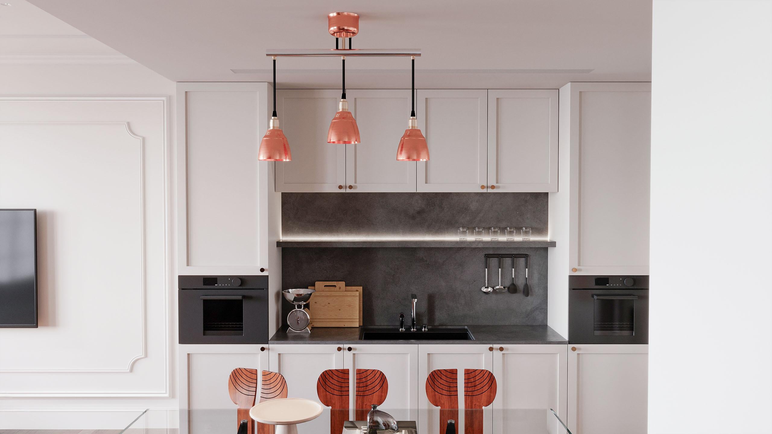 This industrial pendant made of 304L stainless steel and pure copper is our vision of a design suspension with a pure industrial style. The elegance of the raw material is underlined by the stainless steel tubes and the copper spotlights. A perfect