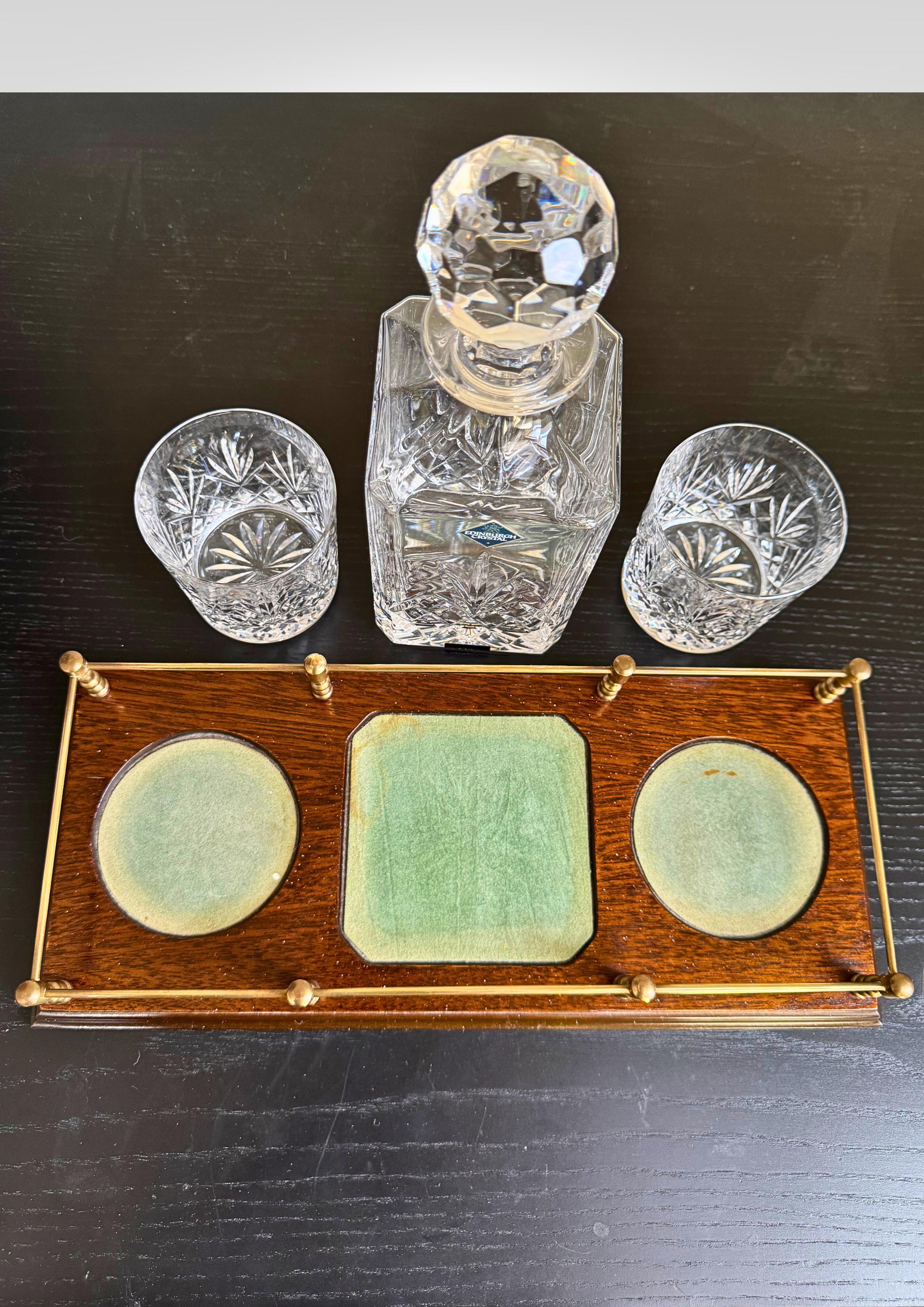 Brass Edinburgh Crystal Decanter, Whiskey Tumblers And Tray Set