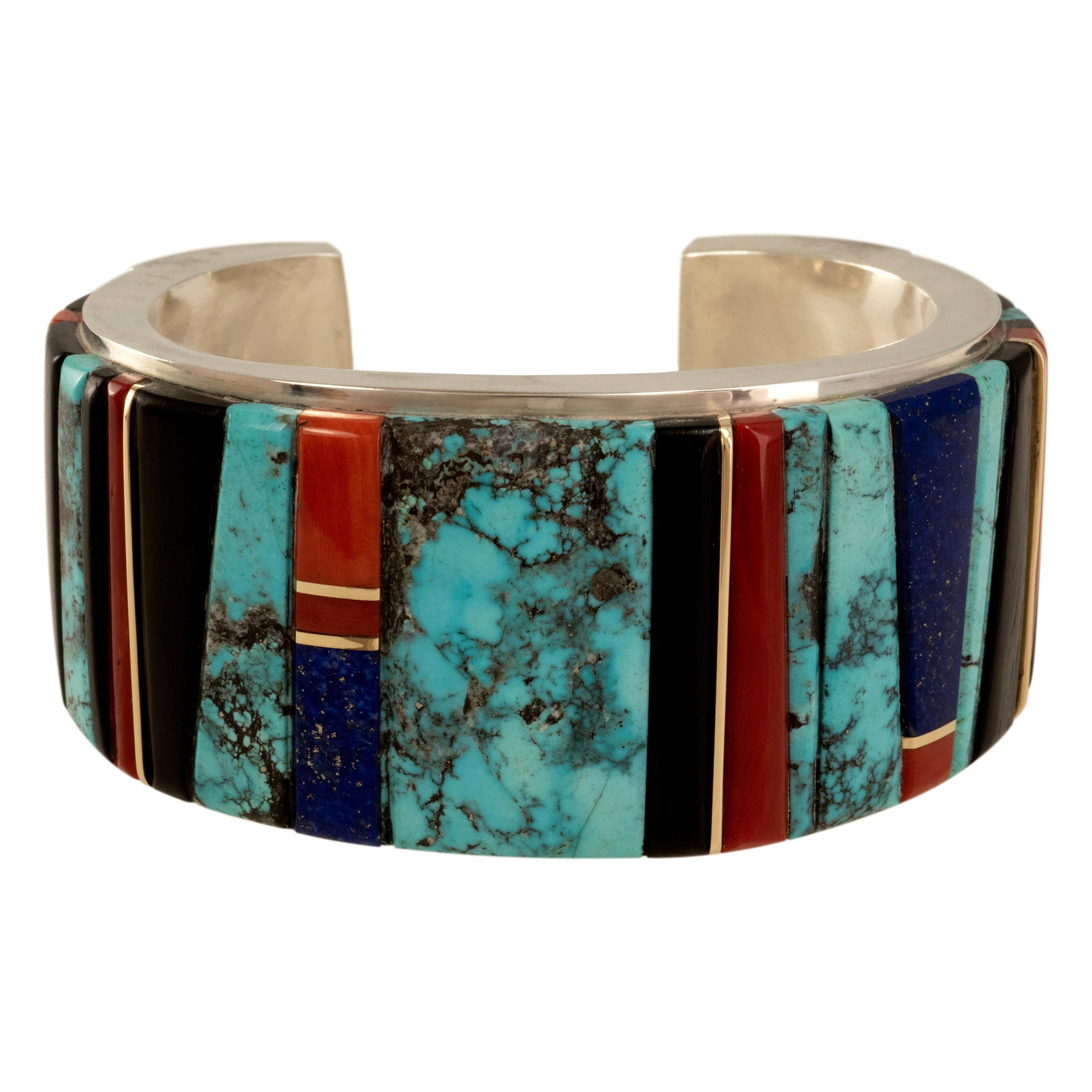 Edison Cummings Bisbee Turquoise Lapis Coral Wood Yellow Gold and Silver Cuff