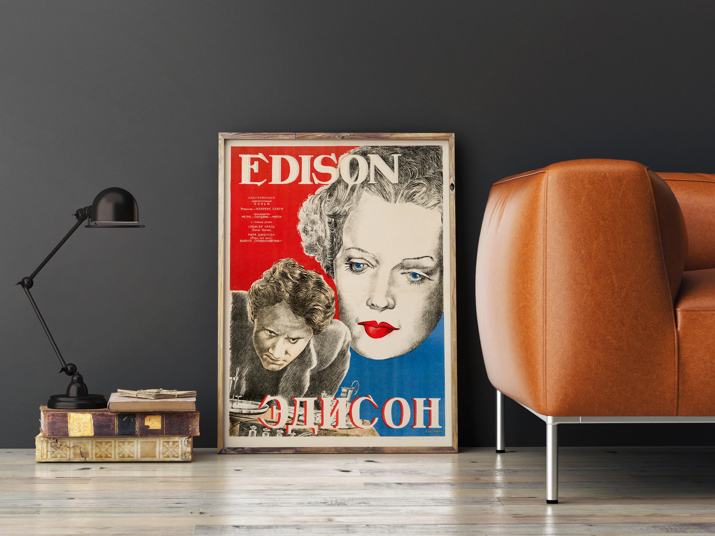 Mid-Century Modern 'Edison the Man' Original Vintage Movie Poster, Russian, 1944
