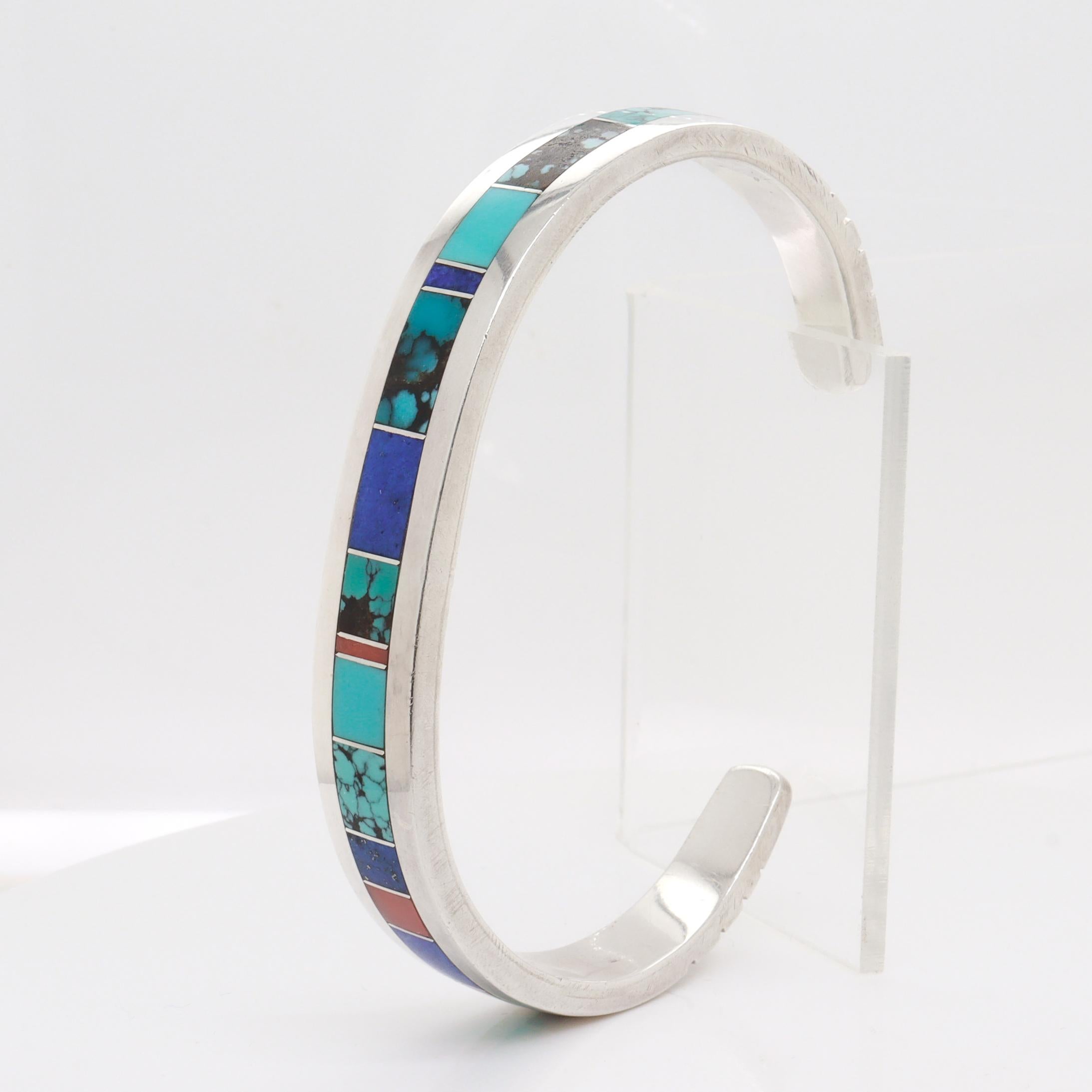Edison Yazzie Navajo Sterling Silver & Inlaid Gemstone Cuff Bracelet For Sale 4