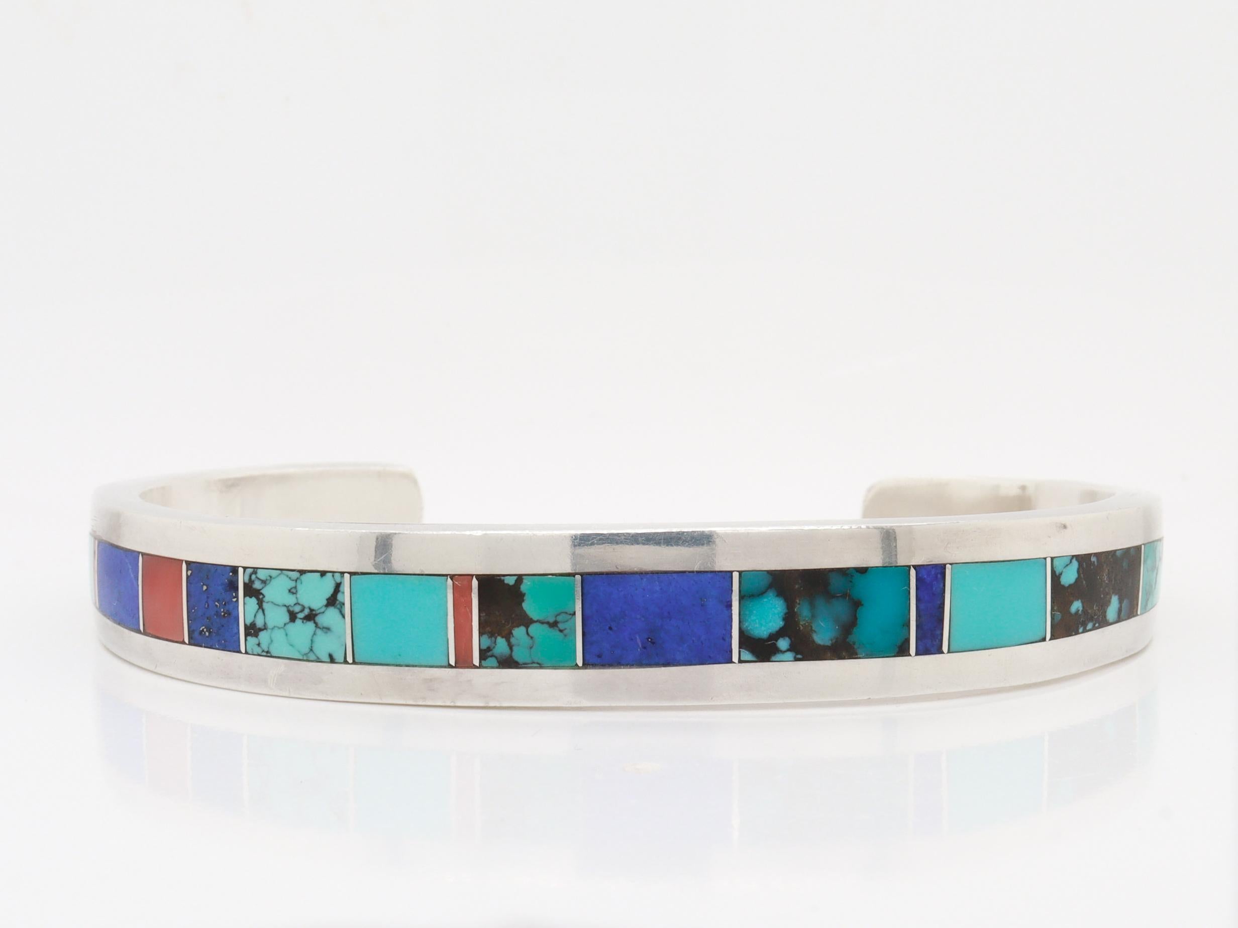 Round Cut Edison Yazzie Navajo Sterling Silver & Inlaid Gemstone Cuff Bracelet For Sale