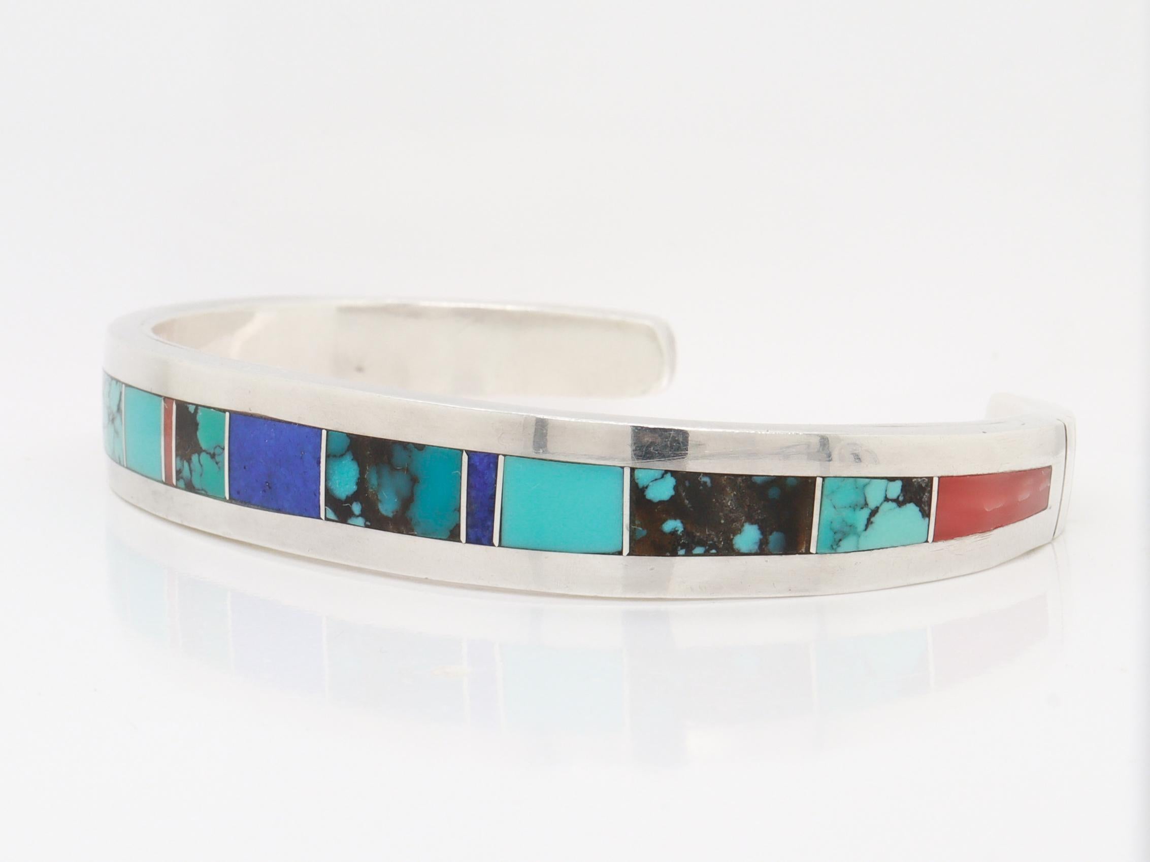 Edison Yazzie Navajo Sterling Silver & Inlaid Gemstone Cuff Bracelet In Good Condition For Sale In Philadelphia, PA