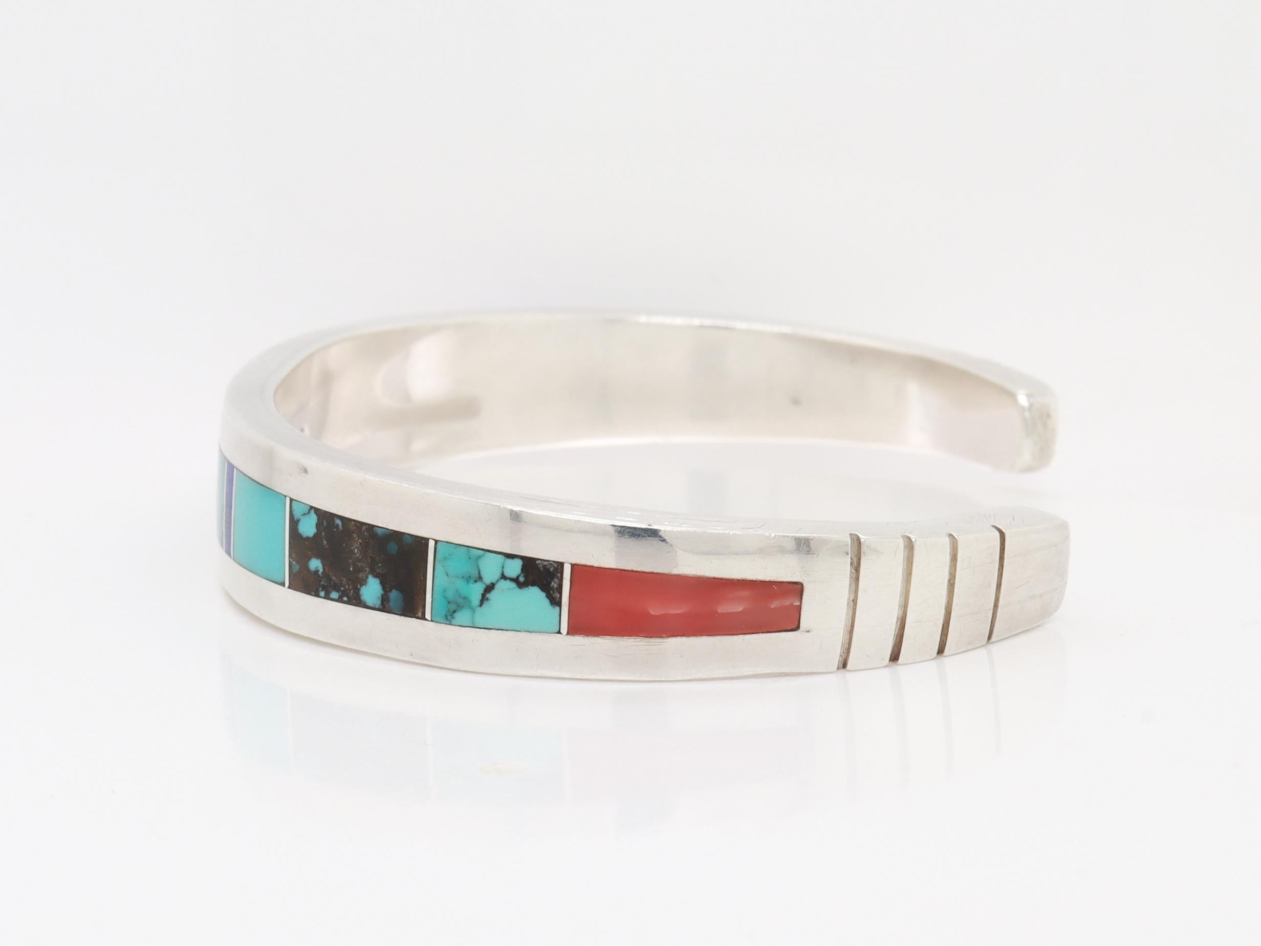 Women's or Men's Edison Yazzie Navajo Sterling Silver & Inlaid Gemstone Cuff Bracelet For Sale