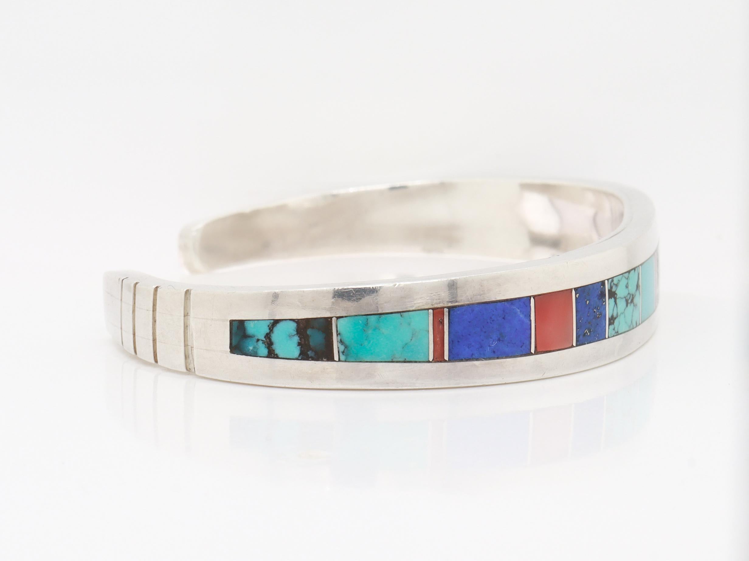 Edison Yazzie Navajo Sterling Silver & Inlaid Gemstone Cuff Bracelet For Sale 2