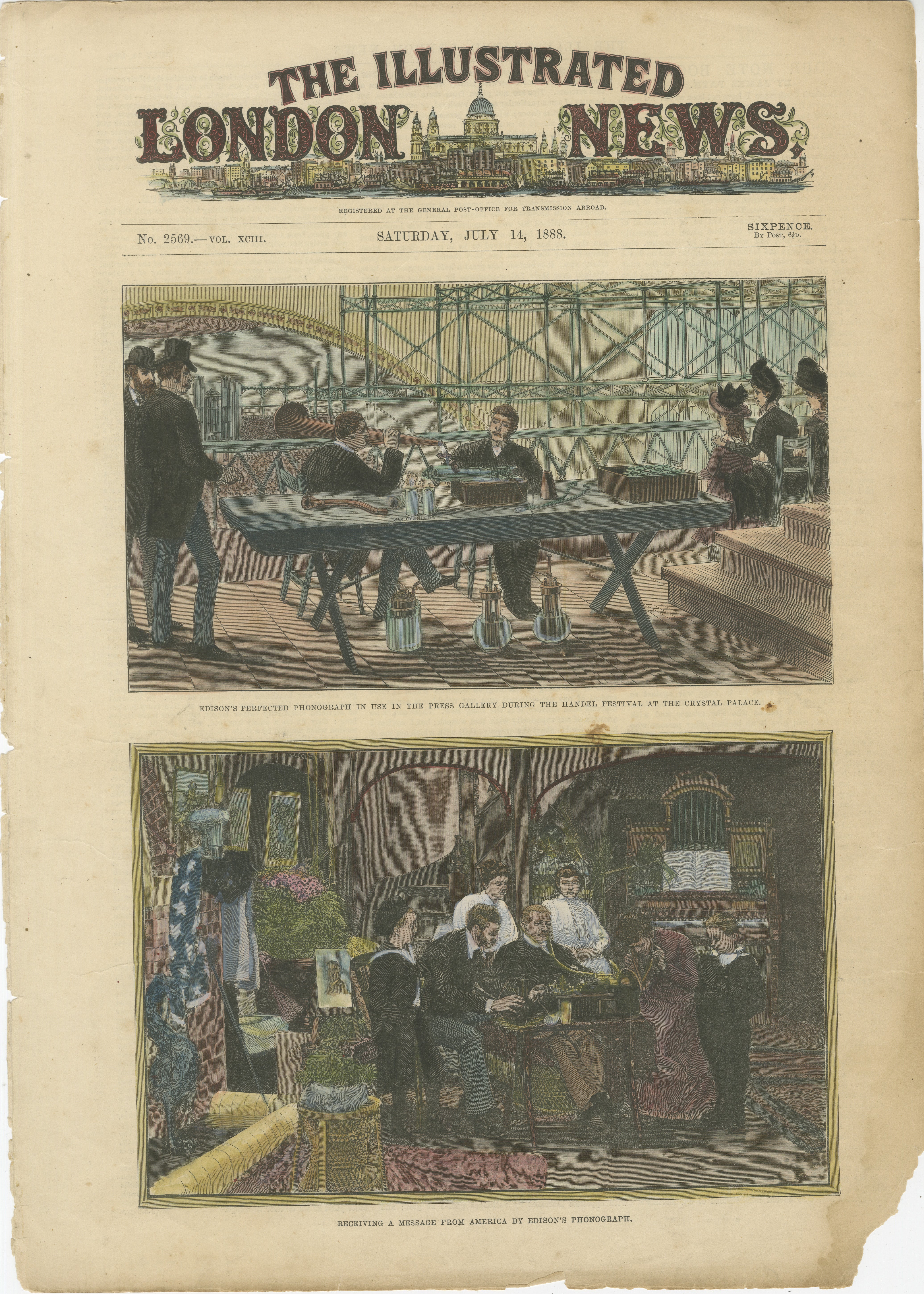 Edison’s Phonograph at the Crystal Palace and Transatlantic Messaging, 1888  

This hand-colored wood engraving, published in *The Illustrated London News* on July 14, 1888, illustrates two groundbreaking moments in the history of sound recording