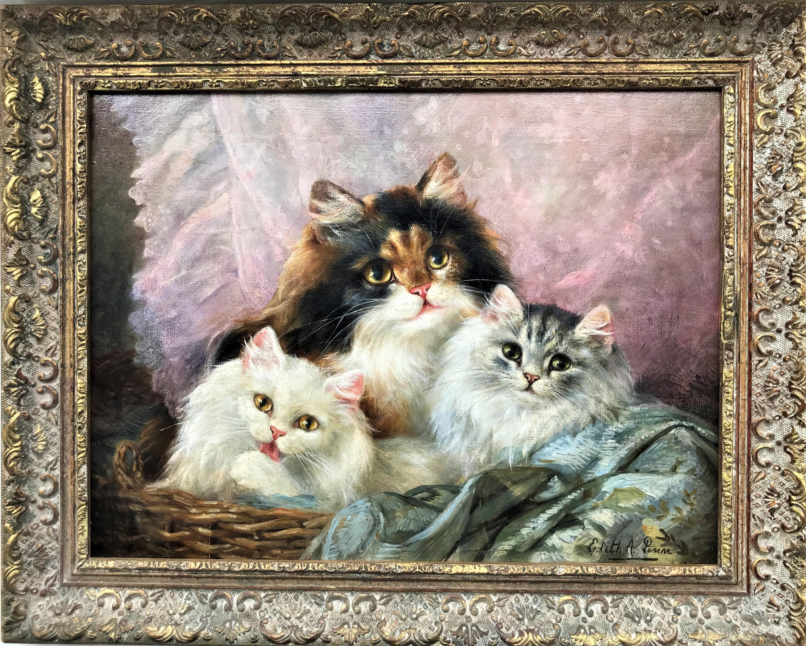 Three Cats in a Basket, original oil on canvas, signed lower right, 20thC - Painting by Edith A. Penn