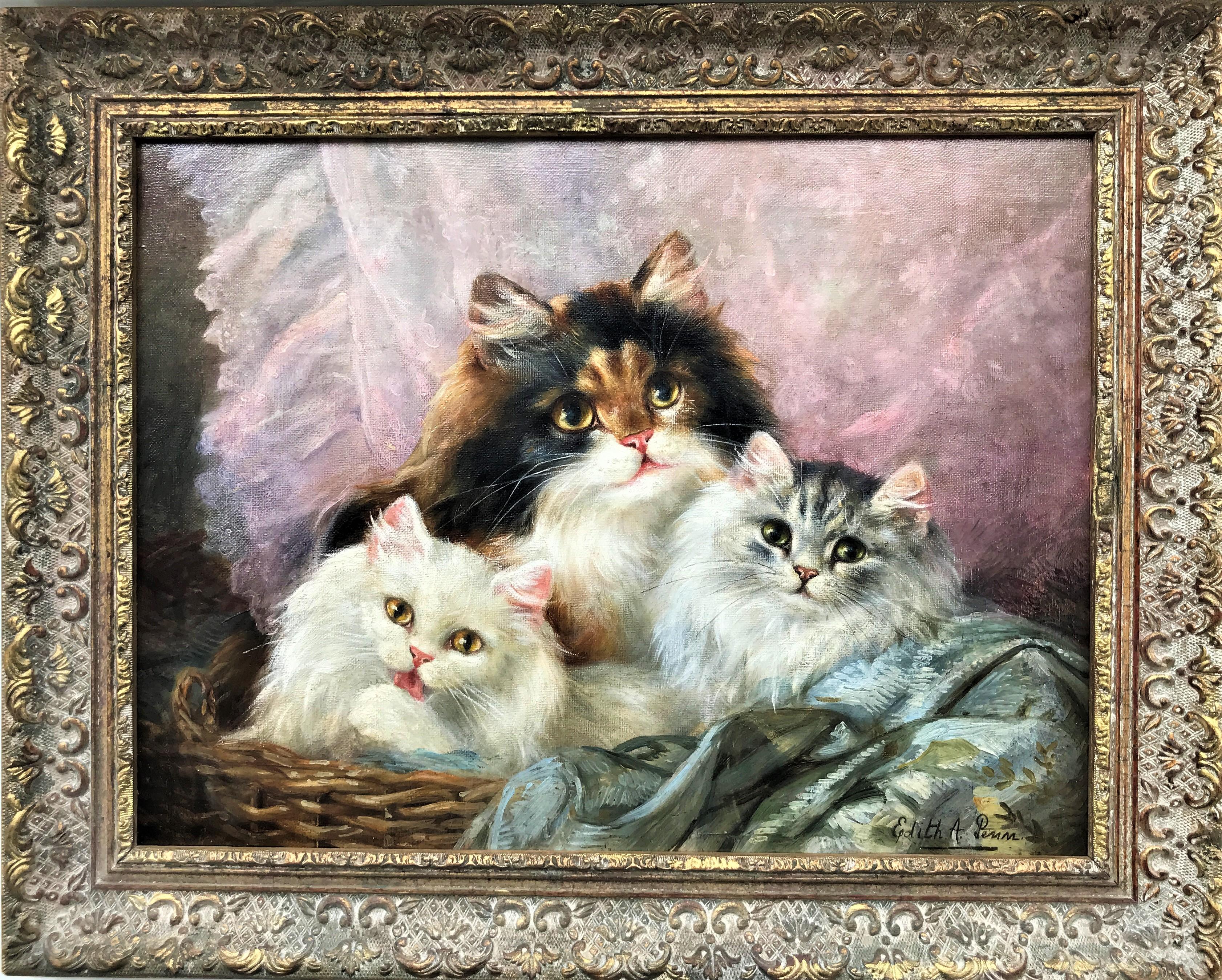 Trois chats dans un panier, huile sur toile originale, signée en bas à droite, 20e siècle - Painting de Edith A. Penn