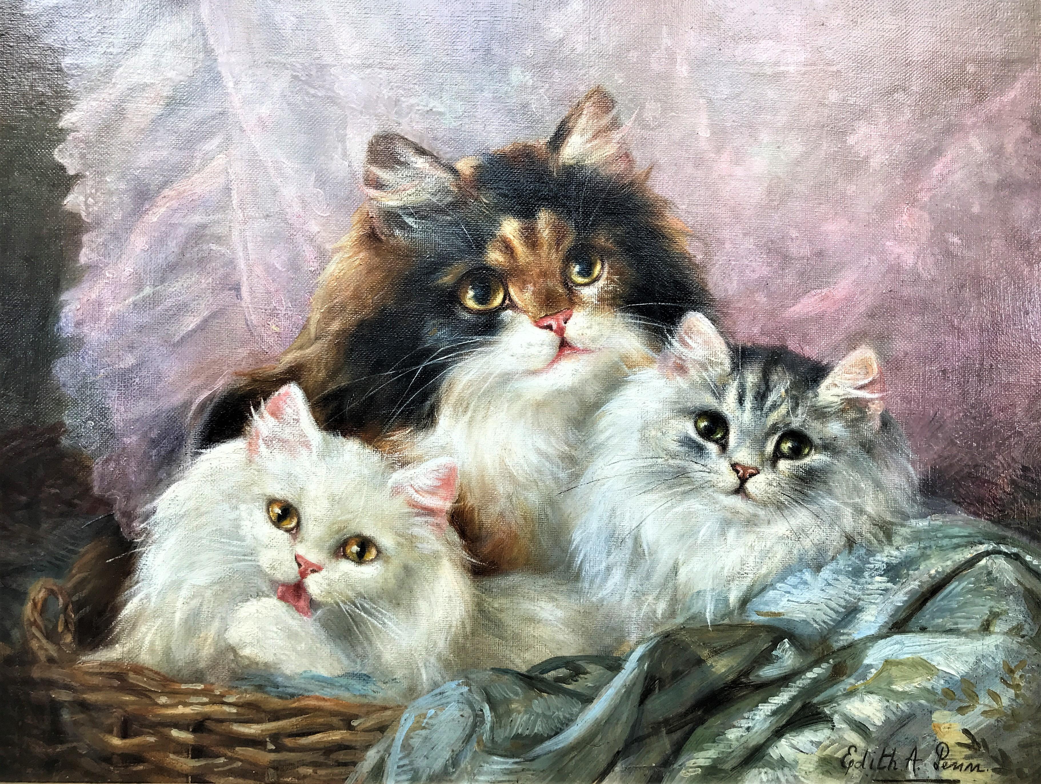 Edith A. Penn Animal Painting - Three Cats in a Basket, original oil on canvas, signed lower right, 20thC