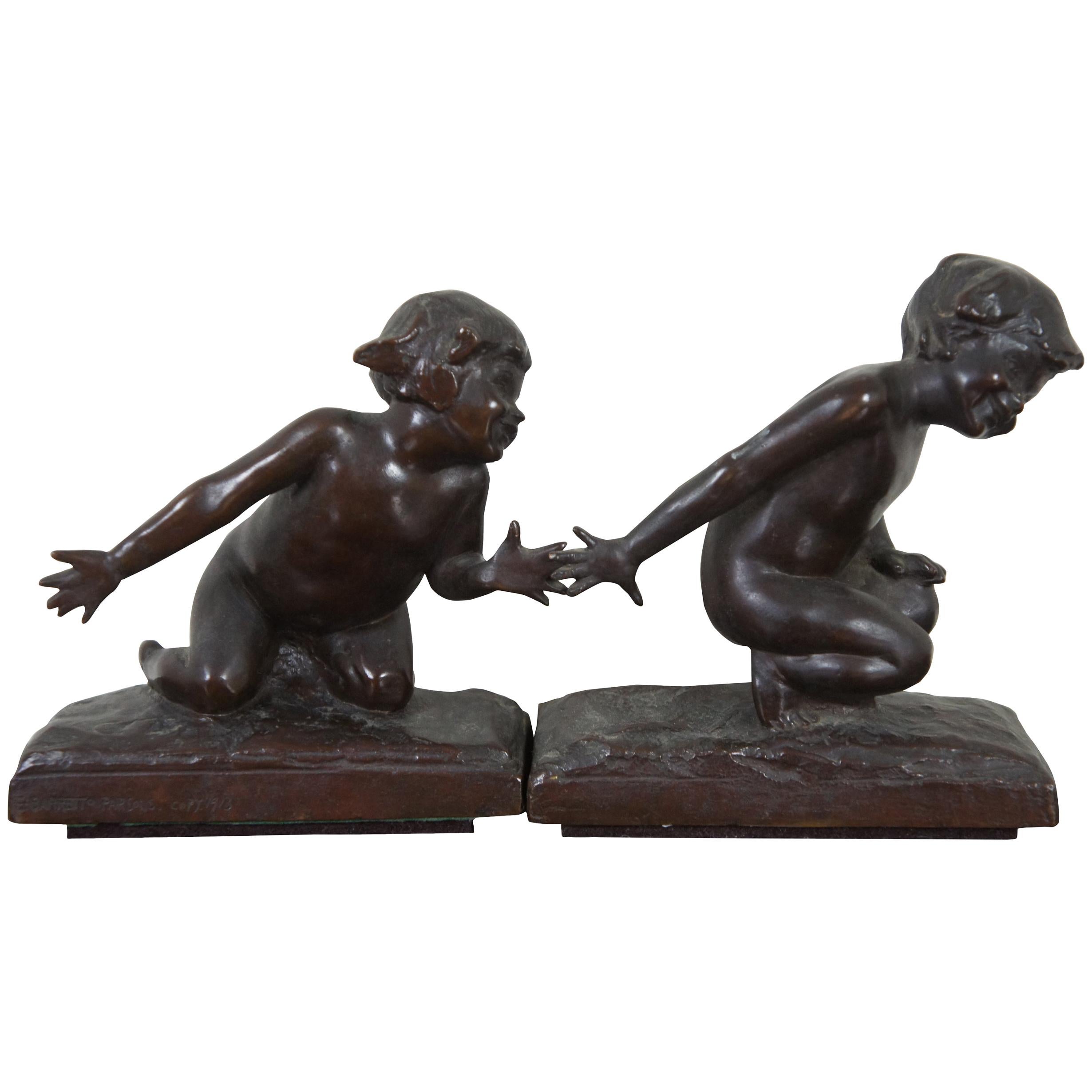 Edith Barretto Parsons Bronze Bookends "Children Playing" Gorham Sculptures