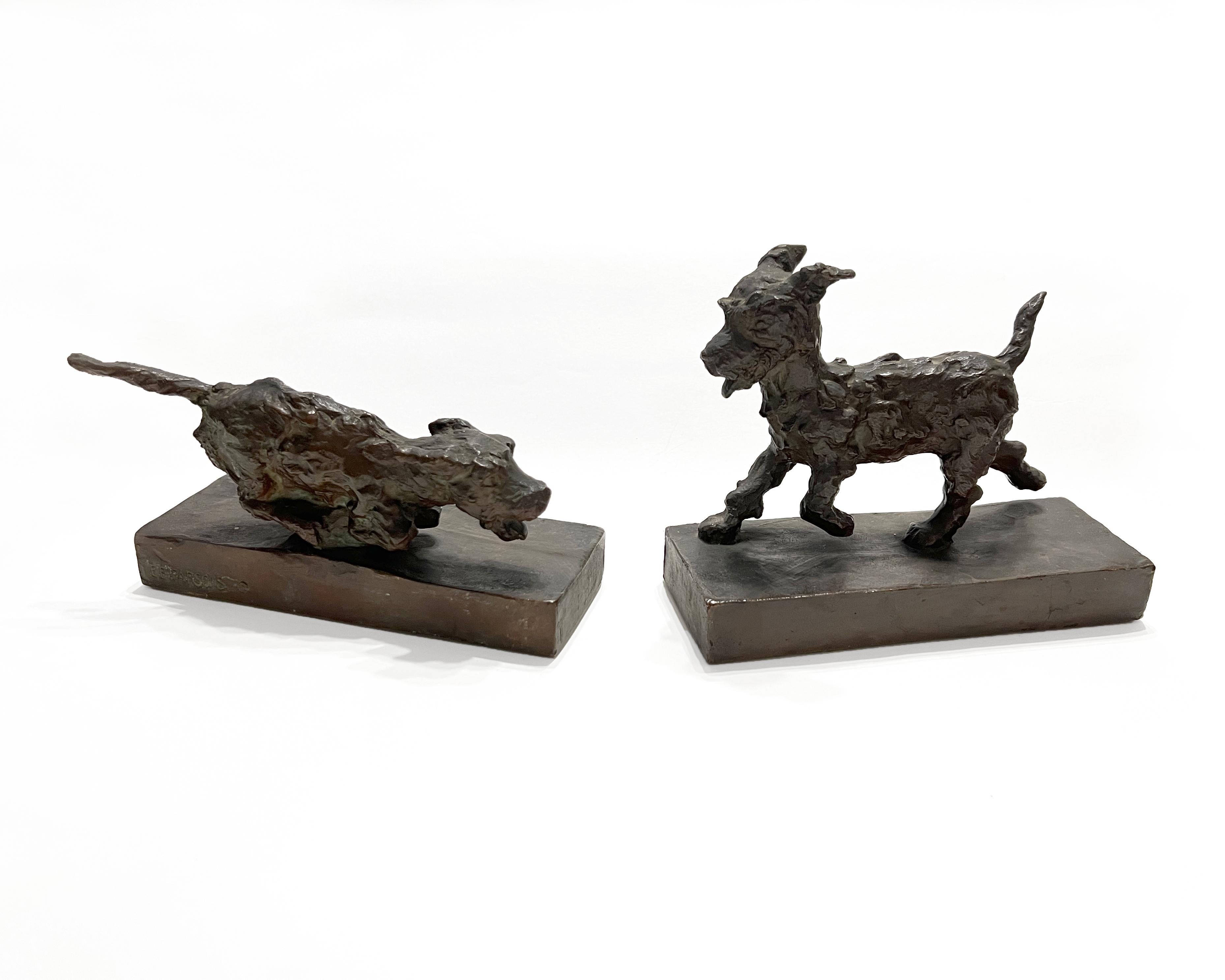 Edith Barretto Stevens Parsons Figurative Sculpture - Walking Terrier and Running Terrier: A Pair of Bookends